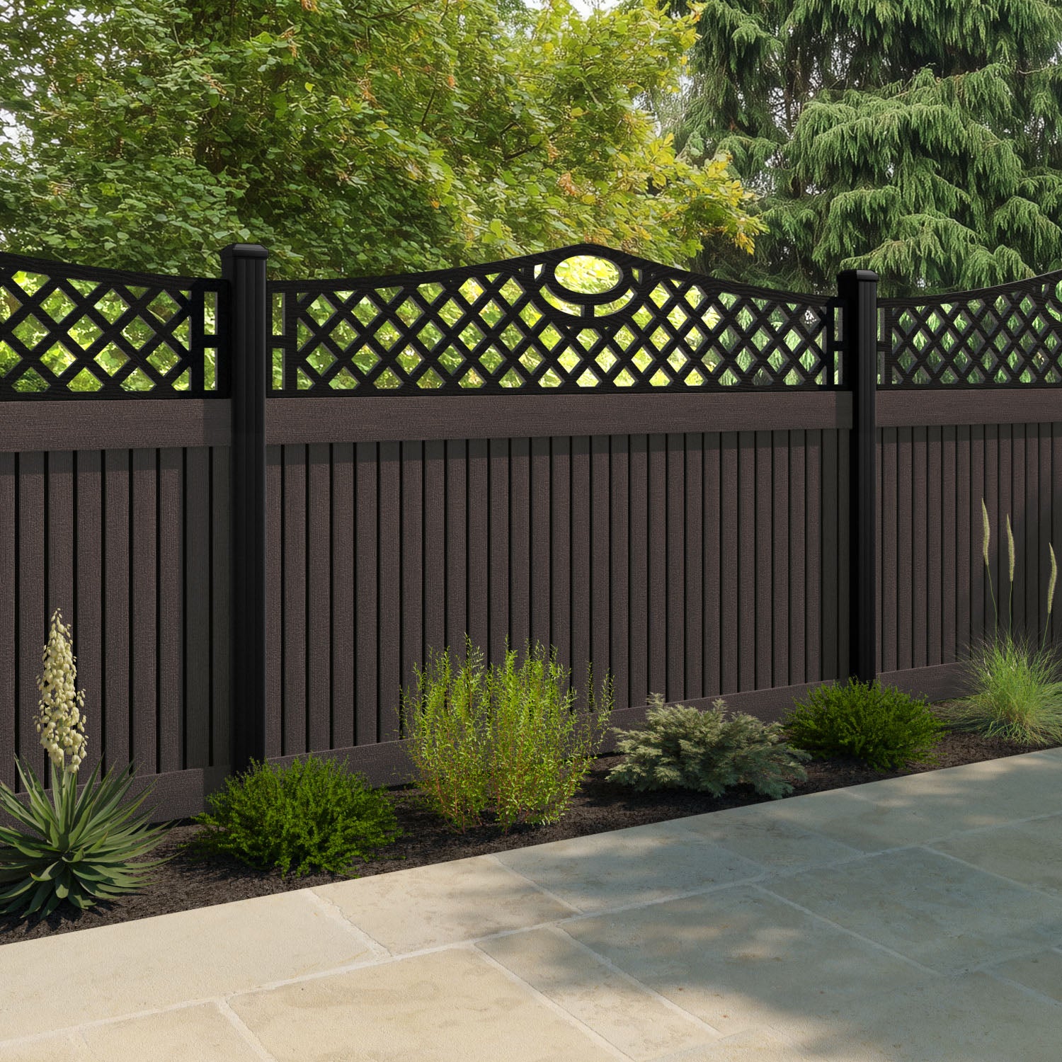 Virtis Oxford Curved Top Fence Panel - Mid Brown - with our aluminium posts