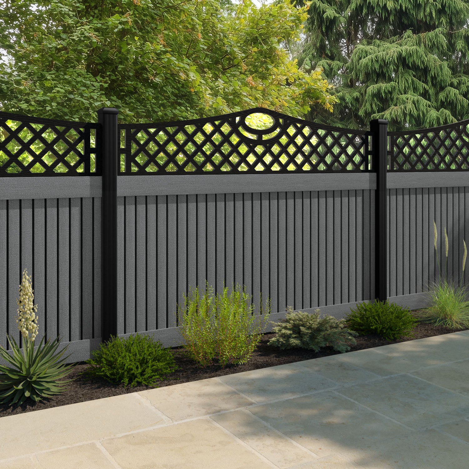 Virtis Oxford Curved Top Fence Panel - Mid Grey - with our aluminium posts