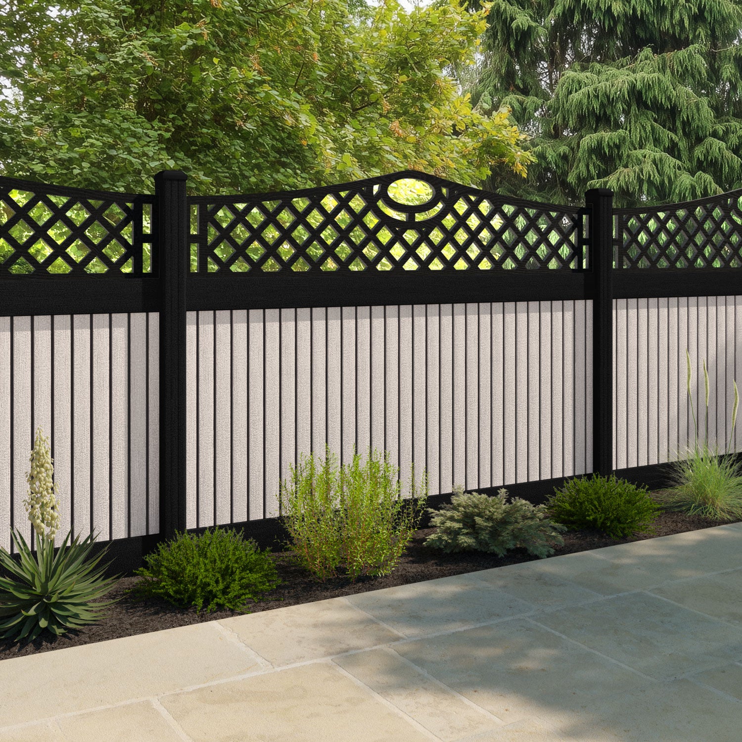 Virtis Oxford Curved Top Fence Panel - Mid Stone - with our aluminium posts