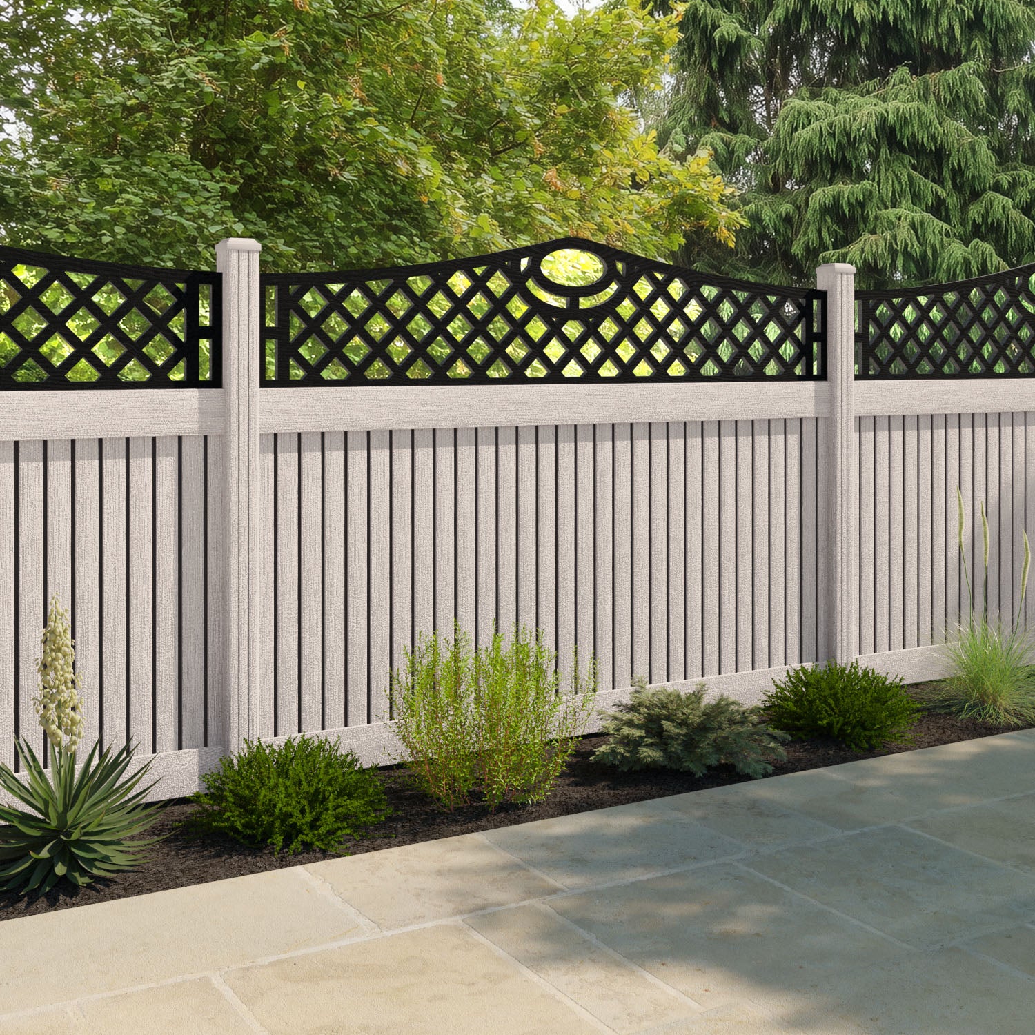 Virtis Oxford Curved Top Fence Panel - Mid Stone - with our composite posts