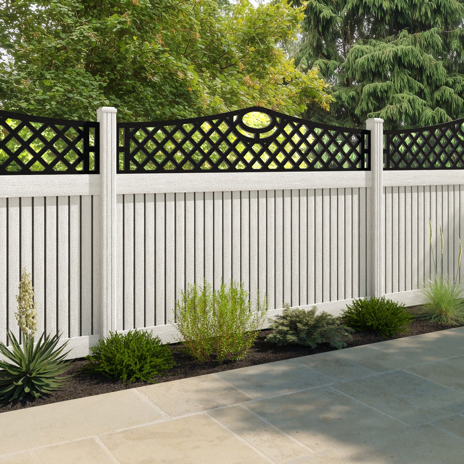 Virtis Oxford Curved Top Fence Panel - Light Stone - with our composite posts