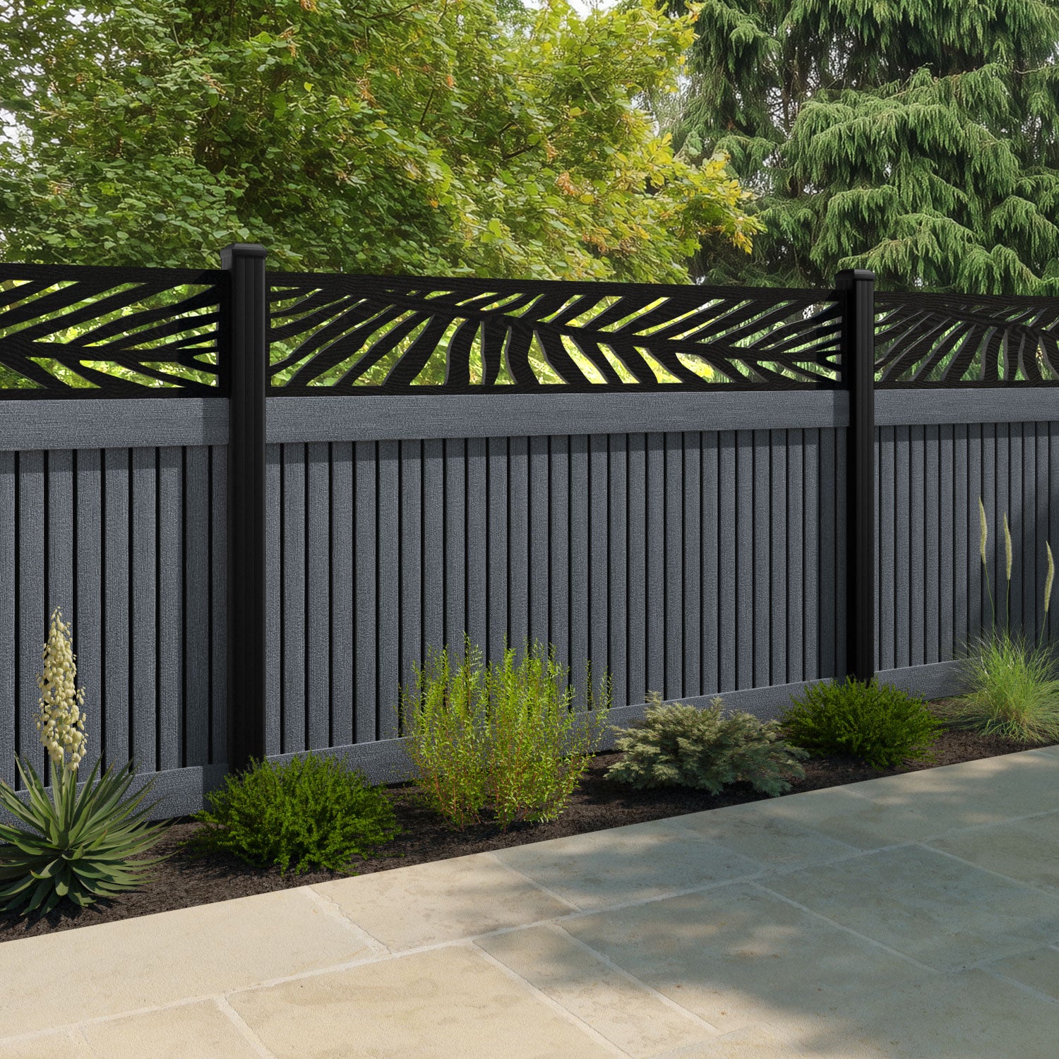 Virtis Palm Fence Panel - Anthracite - with our aluminium posts
