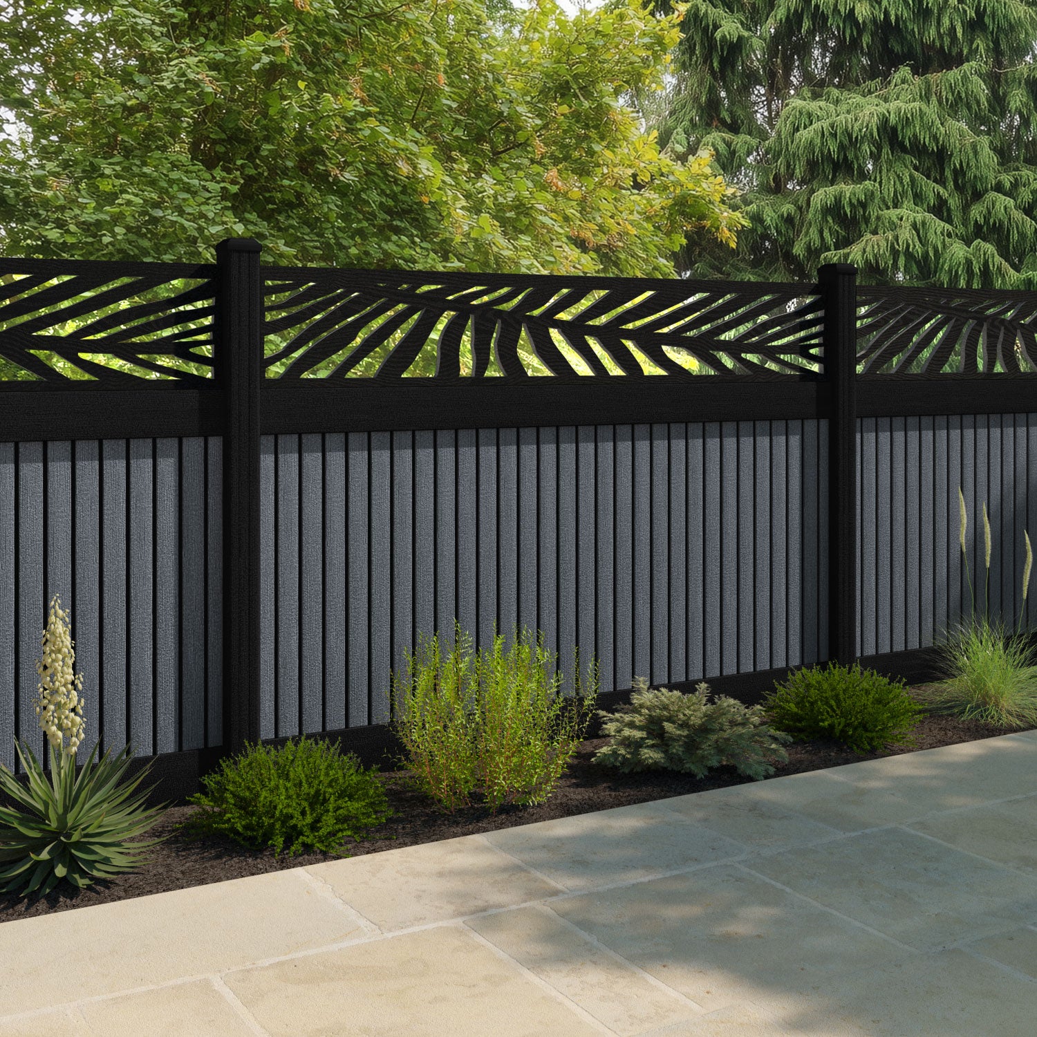 Virtis Palm Fence Panel - Anthracite - with our aluminium posts
