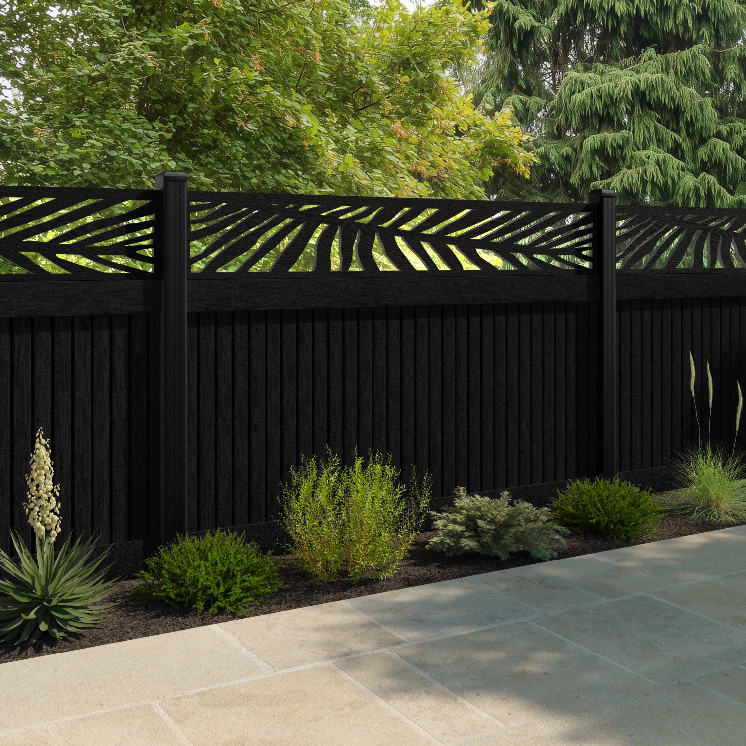 Virtis Palm Fence Panel - Black - with our aluminium posts
