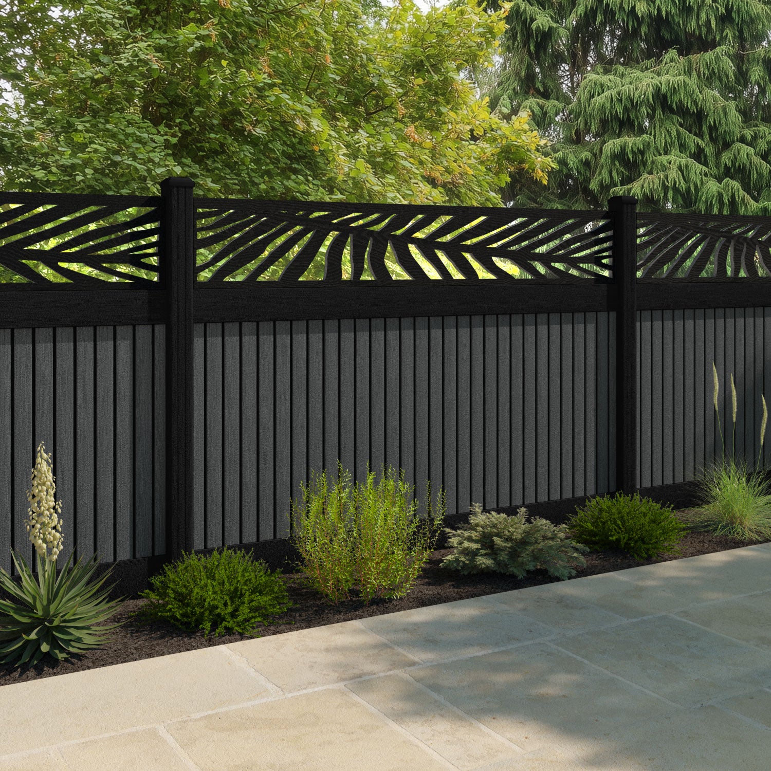 Virtis Palm Fence Panel - Dark Grey - with our aluminium posts
