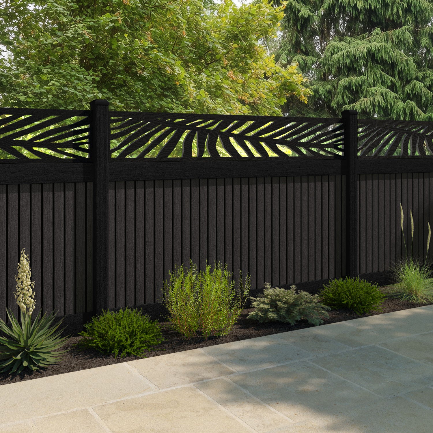 Virtis Palm Fence Panel - Dark Oak - with our aluminium posts