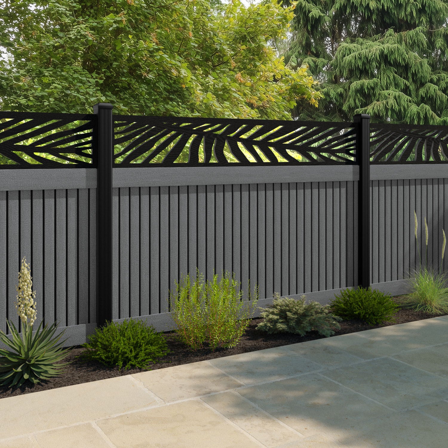 Virtis Palm Fence Panel - Mid Grey - with our aluminium posts
