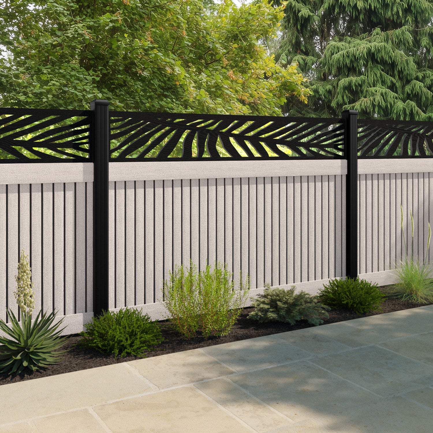 Virtis Palm Fence Panel - Mid Stone - with our aluminium posts