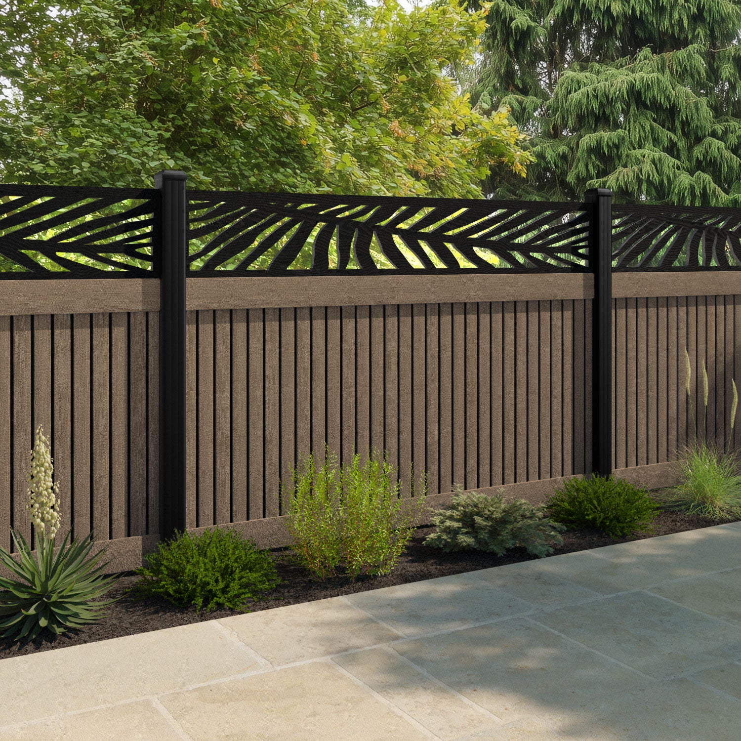 Virtis Palm Fence Panel - Teak - with our aluminium posts
