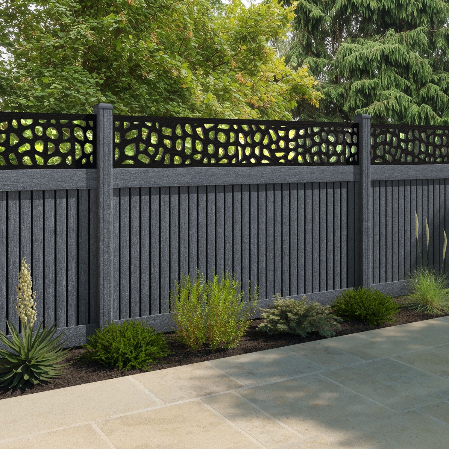 Virtis Pebble Fence Panel - Anthracite - with our composite posts