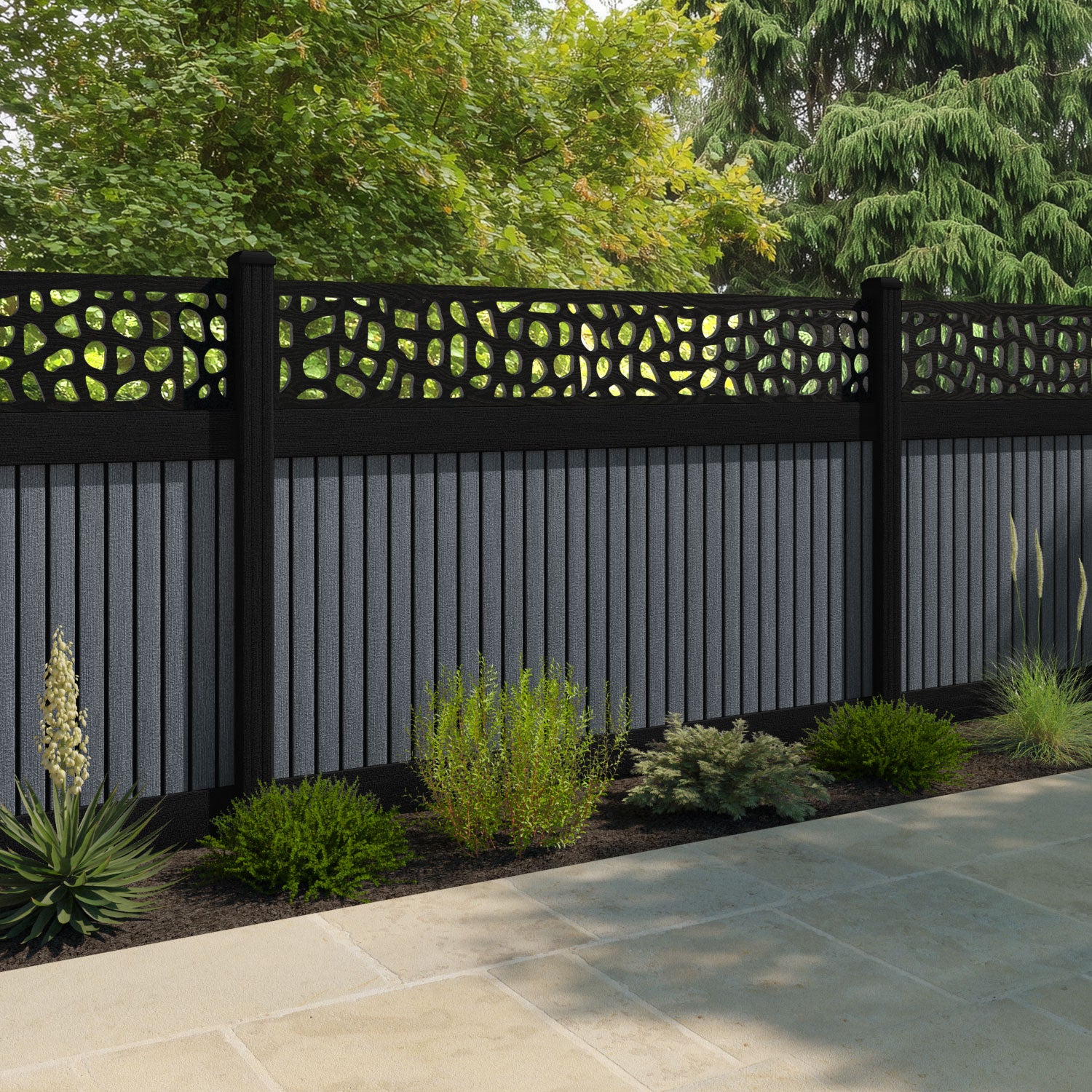 Virtis Pebble Fence Panel - Anthracite - with our composite posts