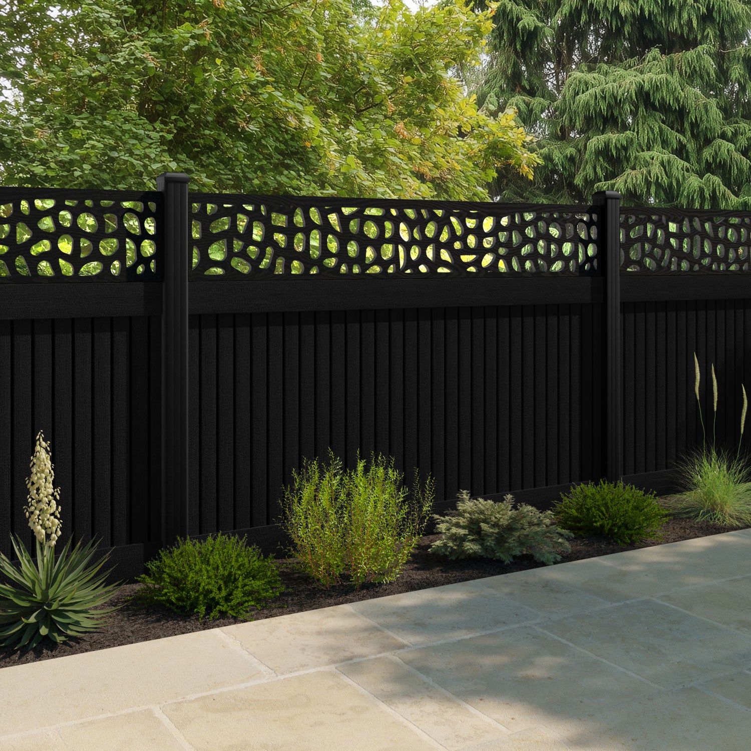 Virtis Pebble Fence Panel - Black - with our aluminium posts