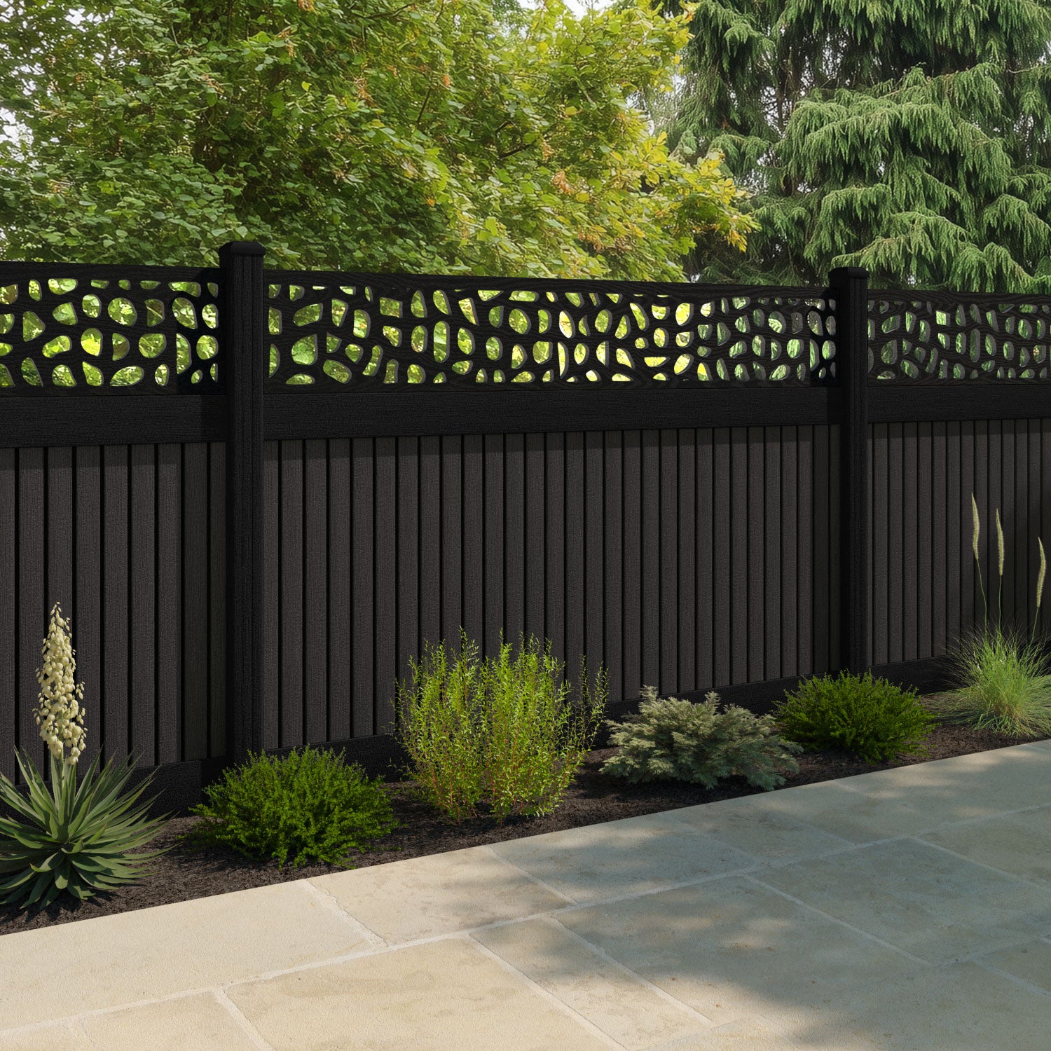 Virtis Pebble Fence Panel - Dark Oak - with our composite posts
