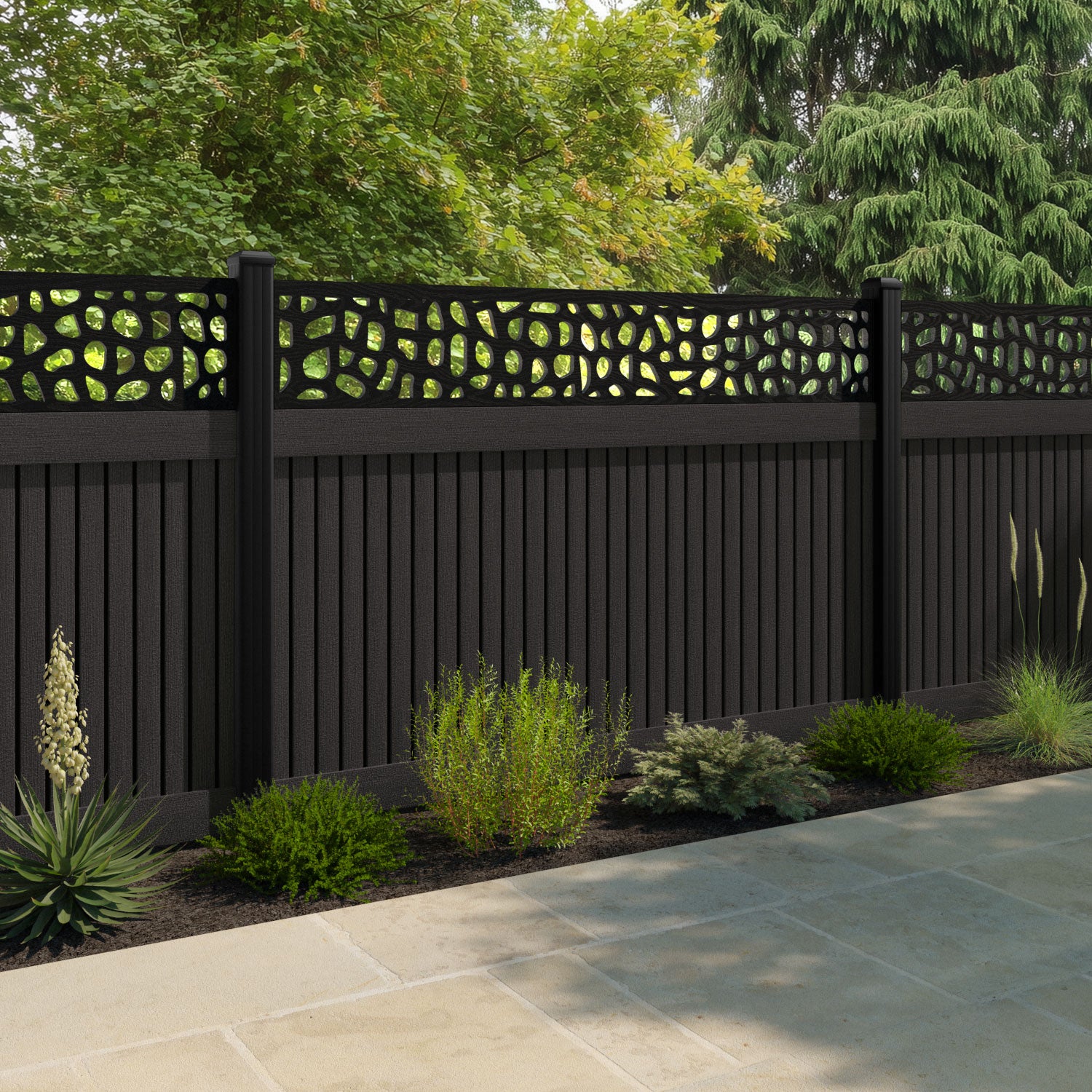 Virtis Pebble Fence Panel - Dark Oak - with our composite posts