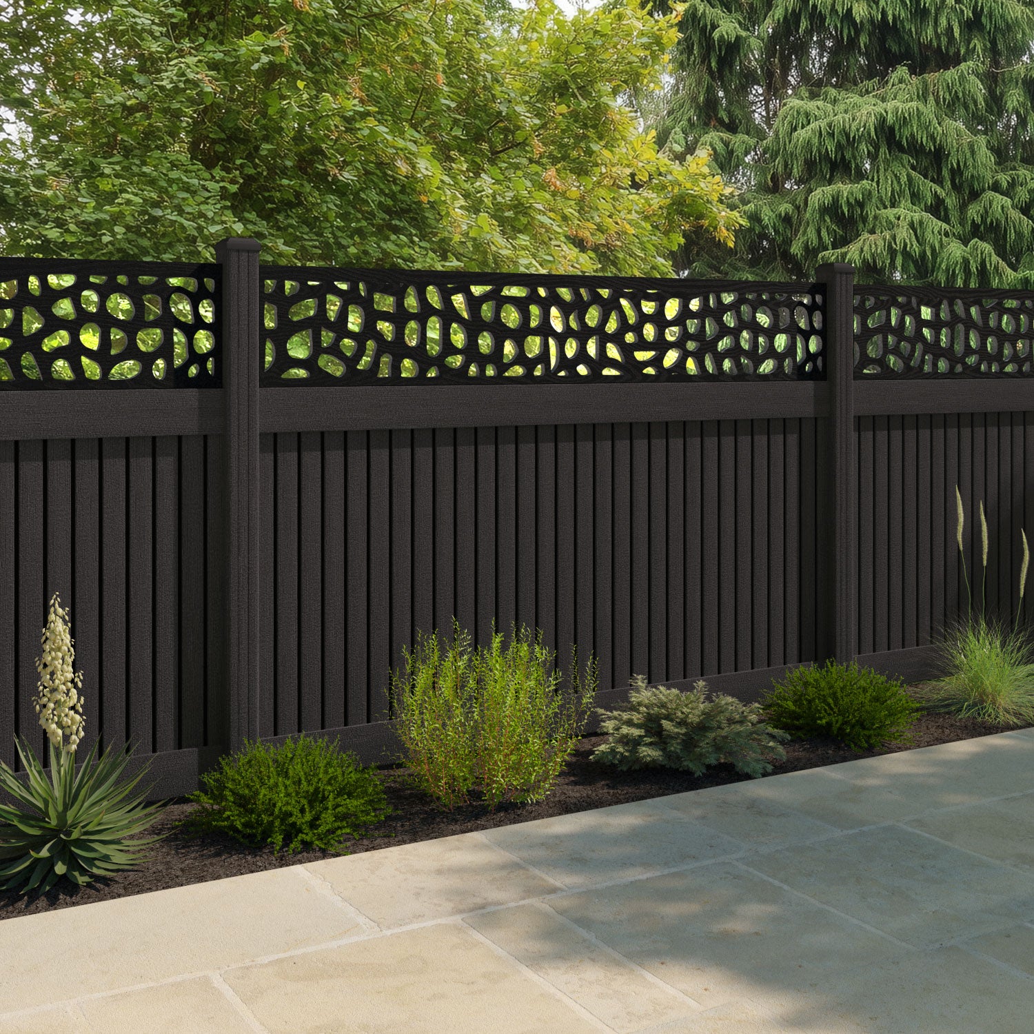 Virtis Pebble Fence Panel - Dark Oak - with our composite posts