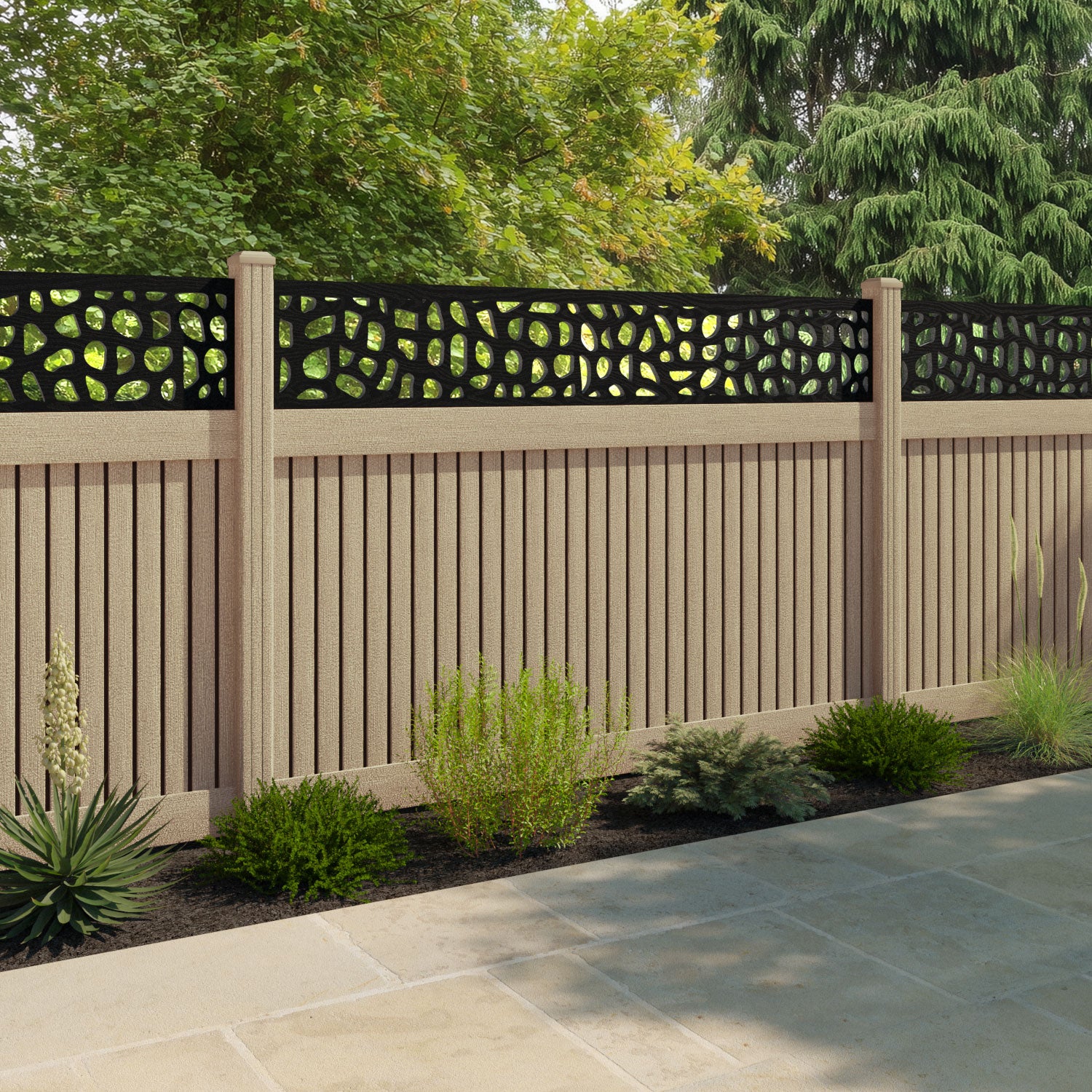 Virtis Pebble Fence Panel - Light Oak - with our composite posts