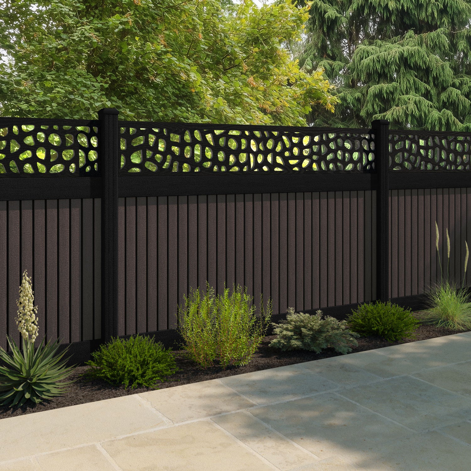 Virtis Pebble Fence Panel - Mid Brown - with our aluminium posts