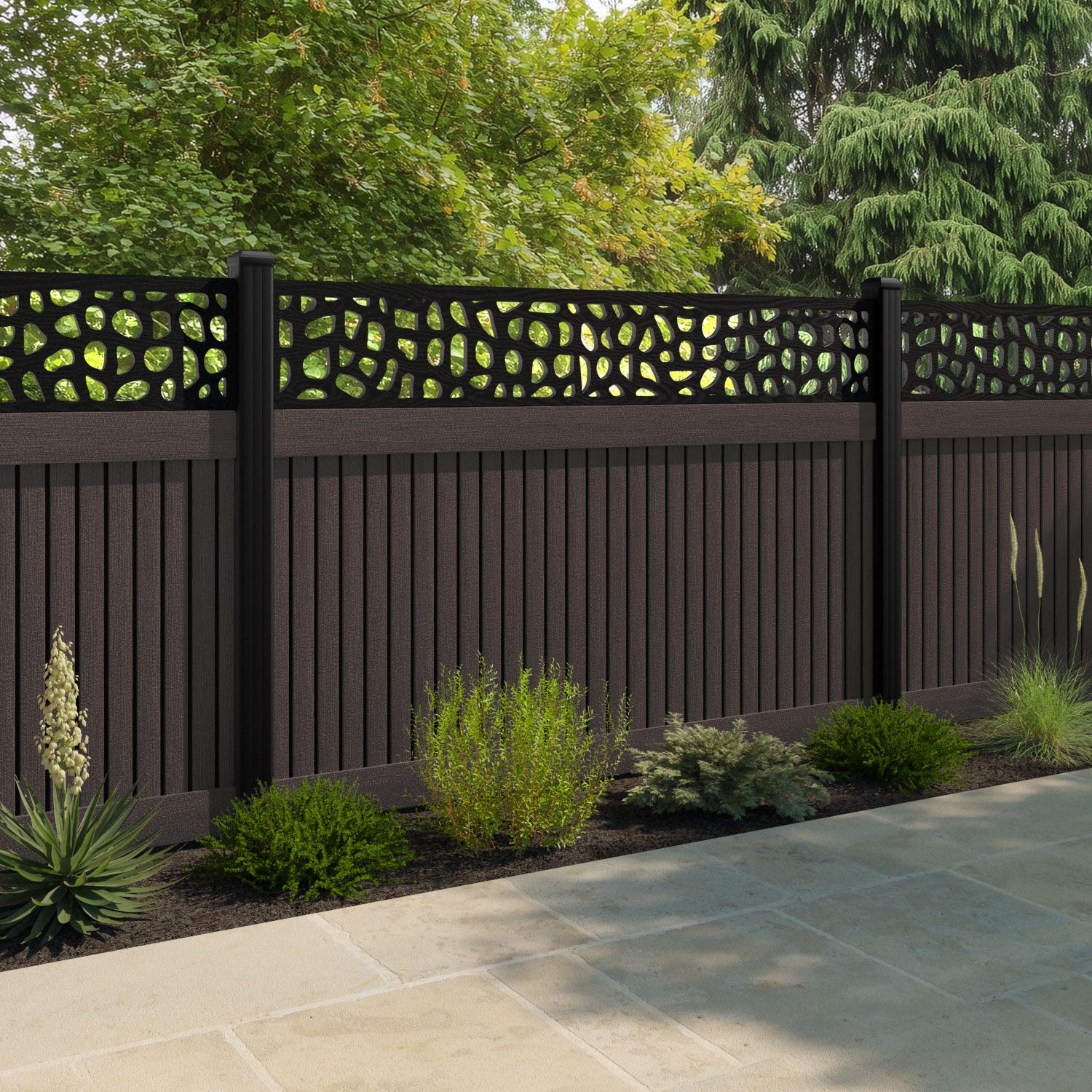 Virtis Pebble Fence Panel - Mid Brown - with our aluminium posts