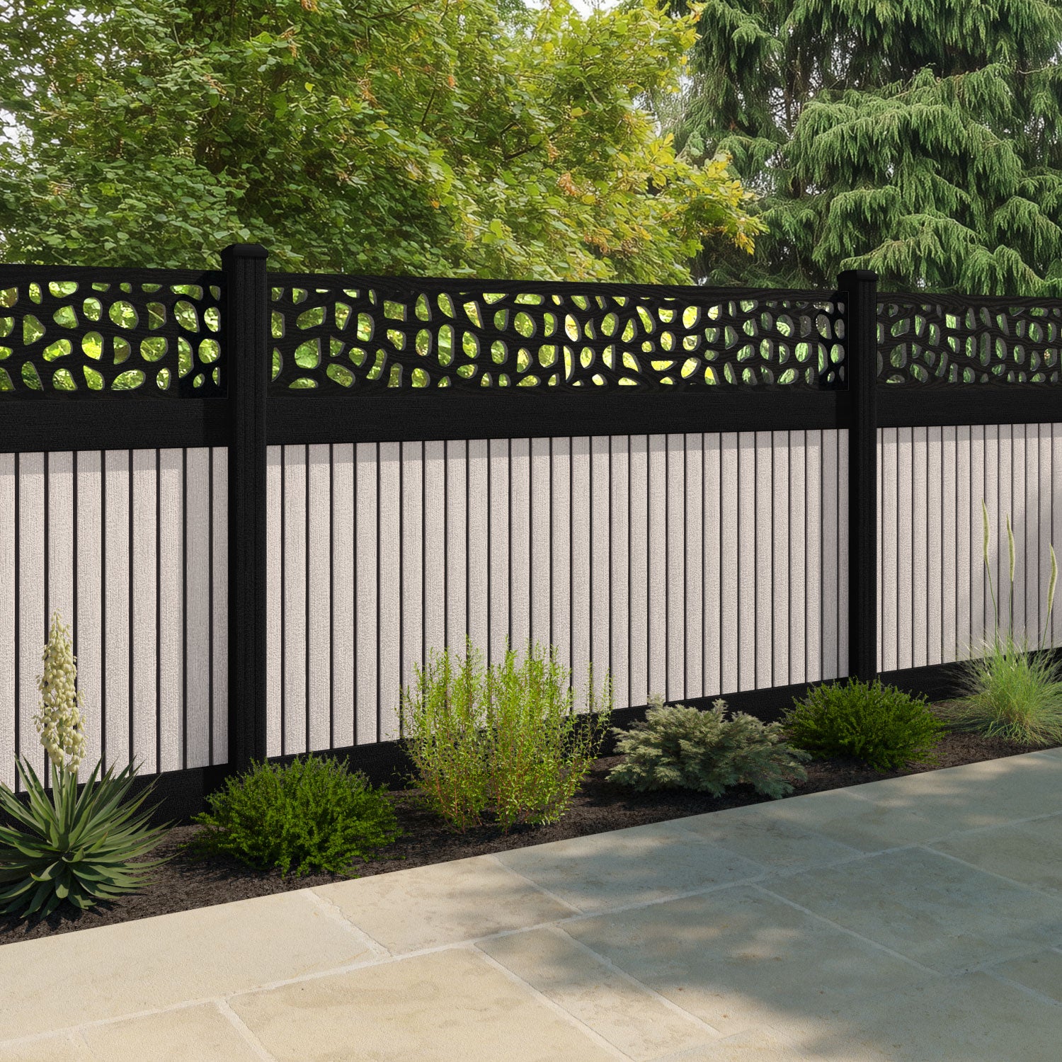 Virtis Pebble Fence Panel - Mid Stone - with our aluminium posts