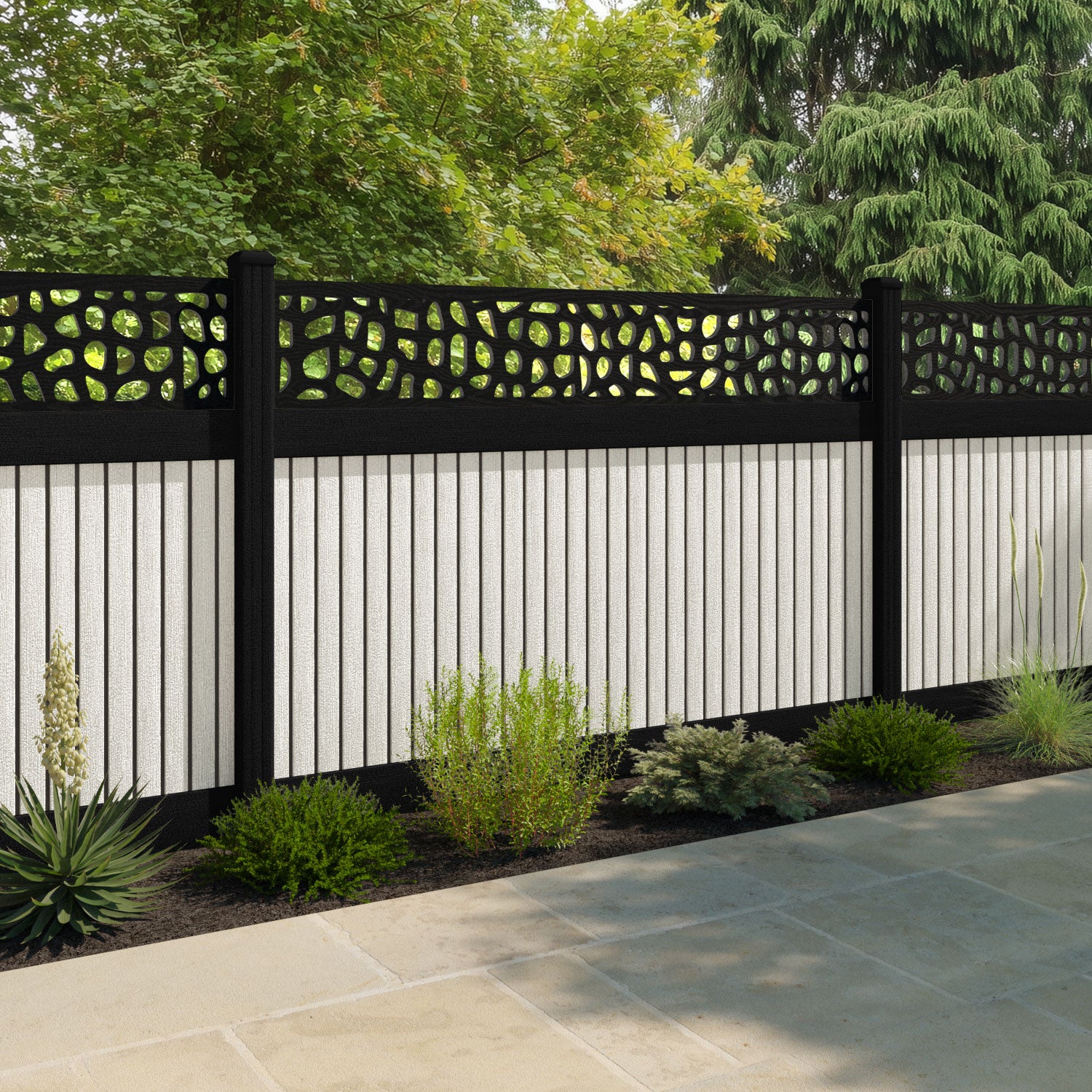 Virtis Pebble Fence Panel - Light Stone - with our aluminium posts