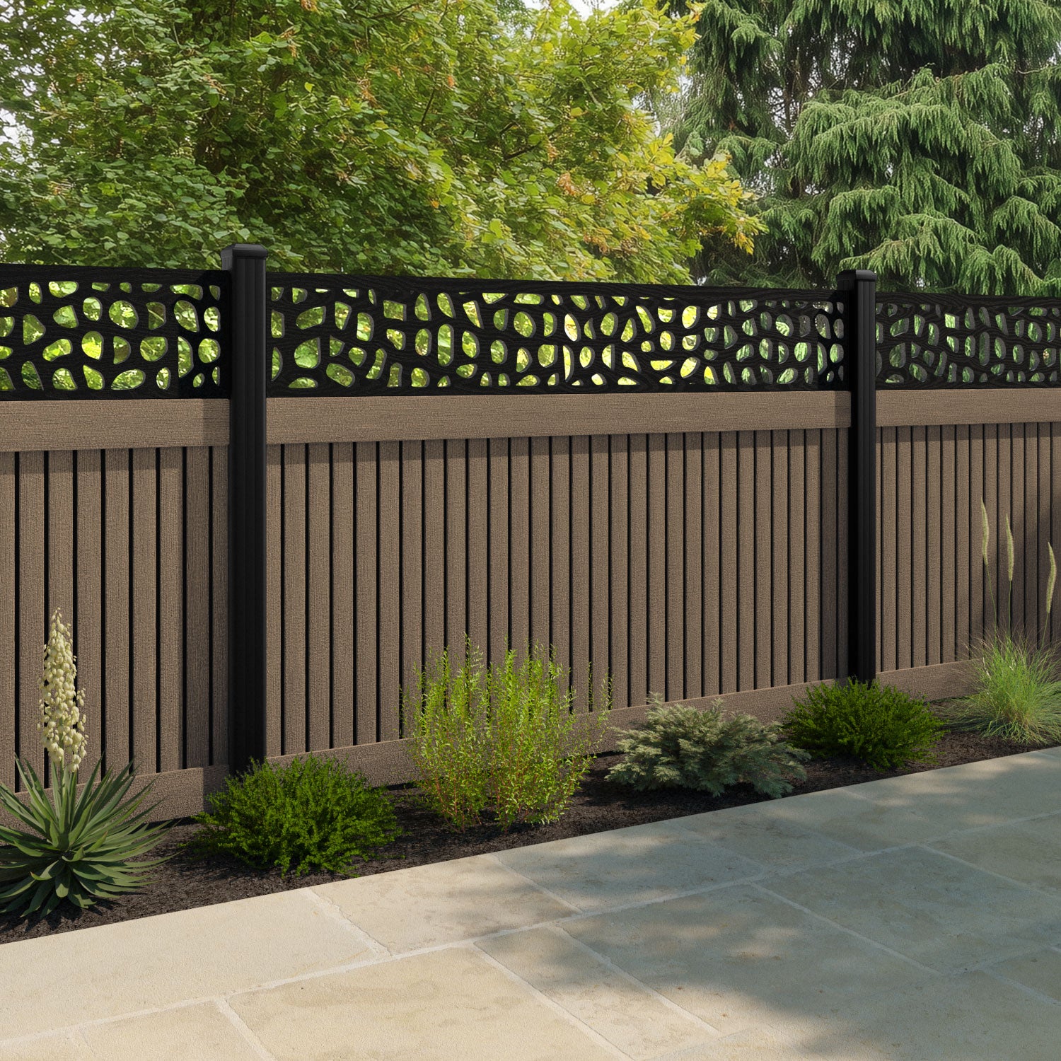 Virtis Pebble Fence Panel - Teak - with our aluminium posts
