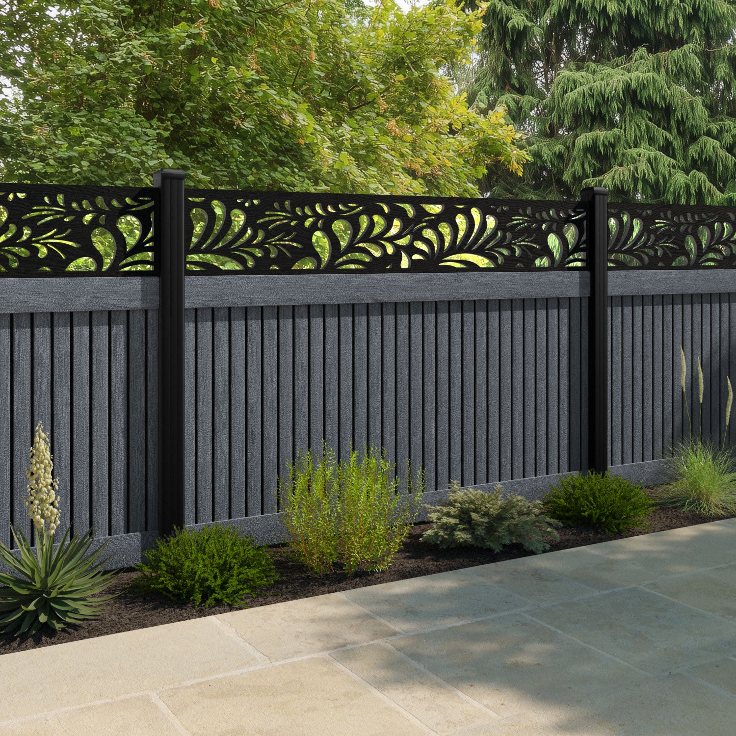 Virtis Petal Fence Panel - Anthracite - with our aluminium posts