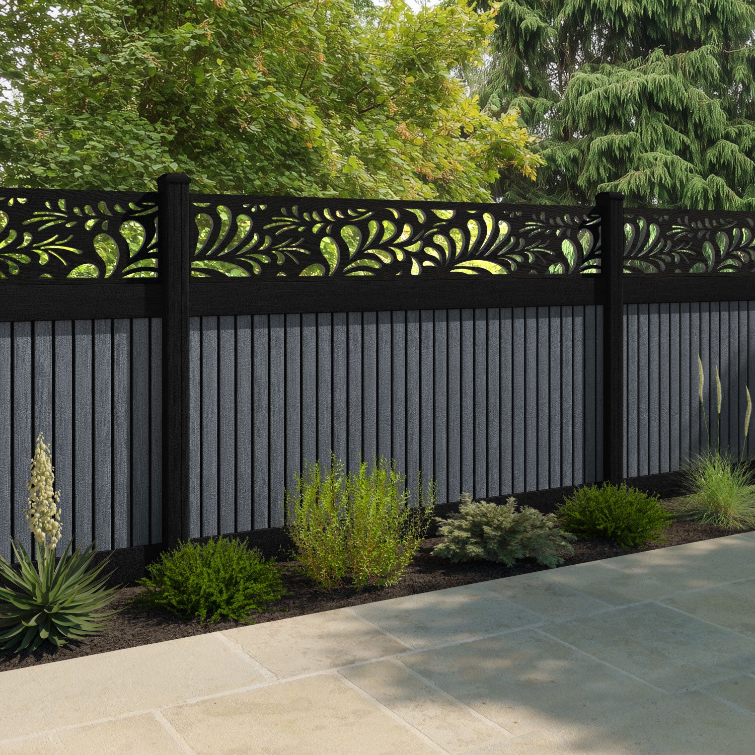 Virtis Petal Fence Panel - Anthracite - with our aluminium posts