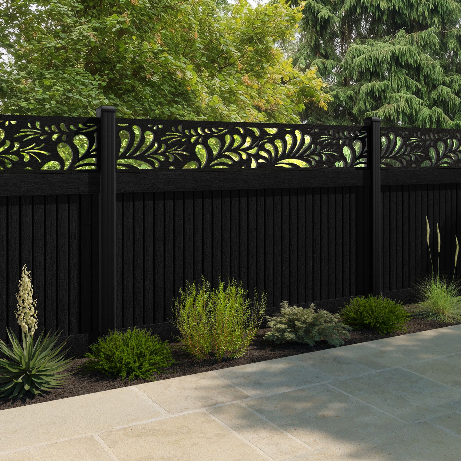 Virtis Petal Fence Panel - Black - with our aluminium posts