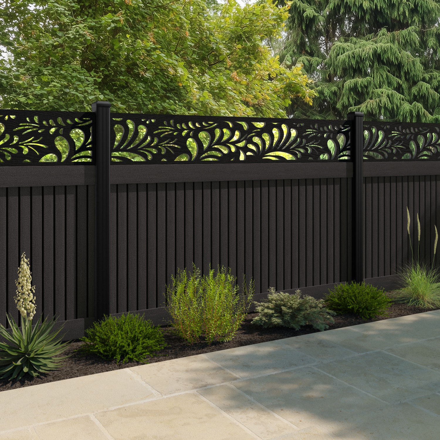 Virtis Petal Fence Panel - Dark Oak - with our composite posts
