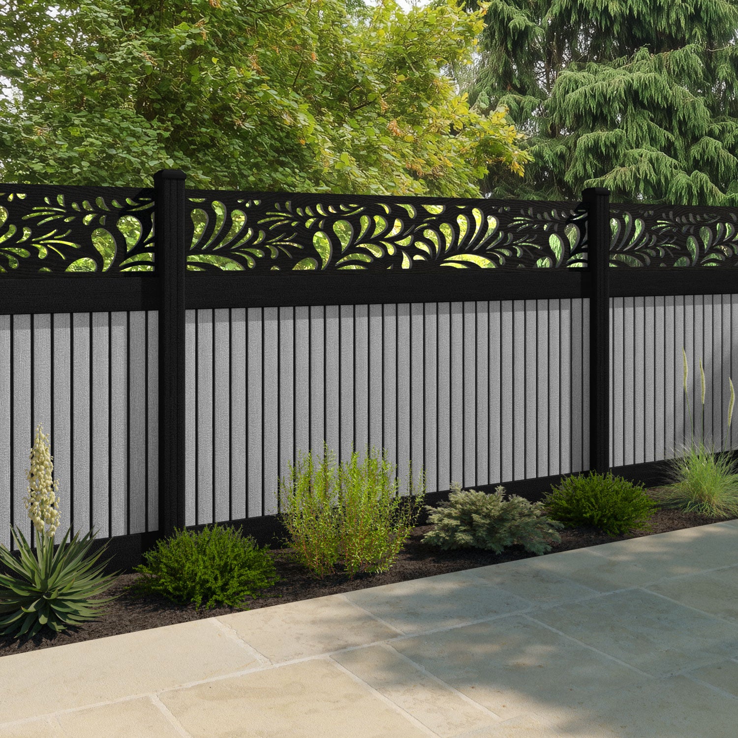 Virtis Petal Fence Panel - Light Grey - with our aluminium posts