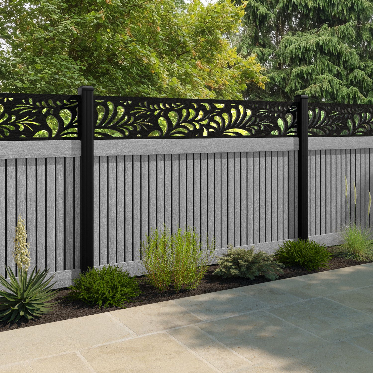 Virtis Petal Fence Panel - Light Grey - with our aluminium posts