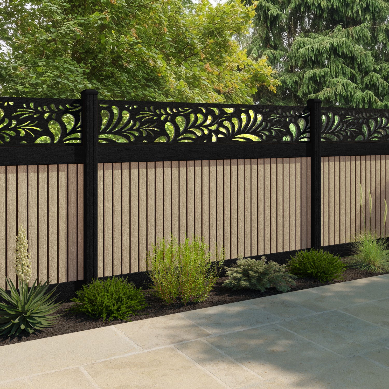 Virtis Petal Fence Panel - Light Oak - with our aluminium posts