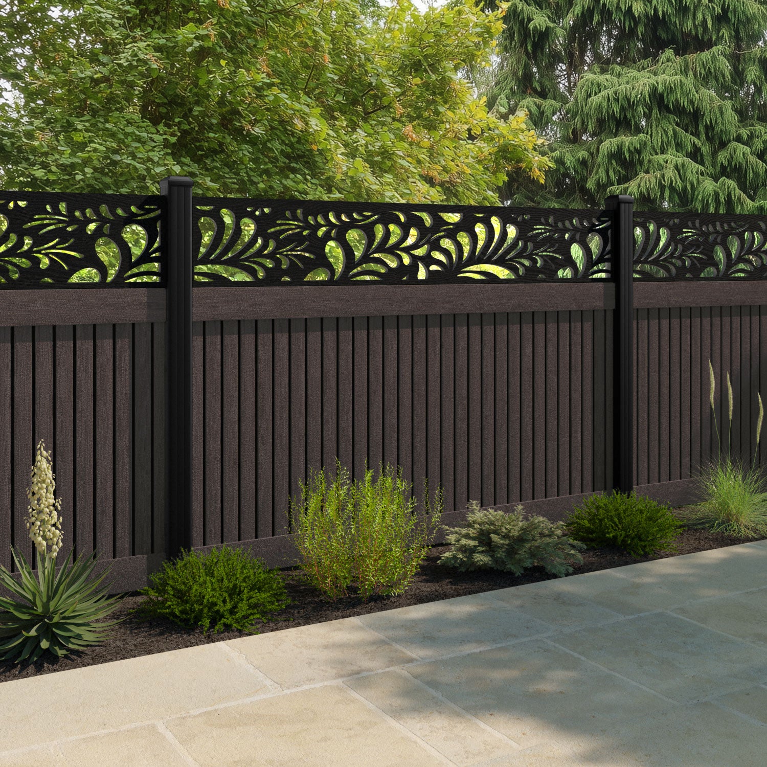 Virtis Petal Fence Panel - Mid Brown - with our aluminium posts