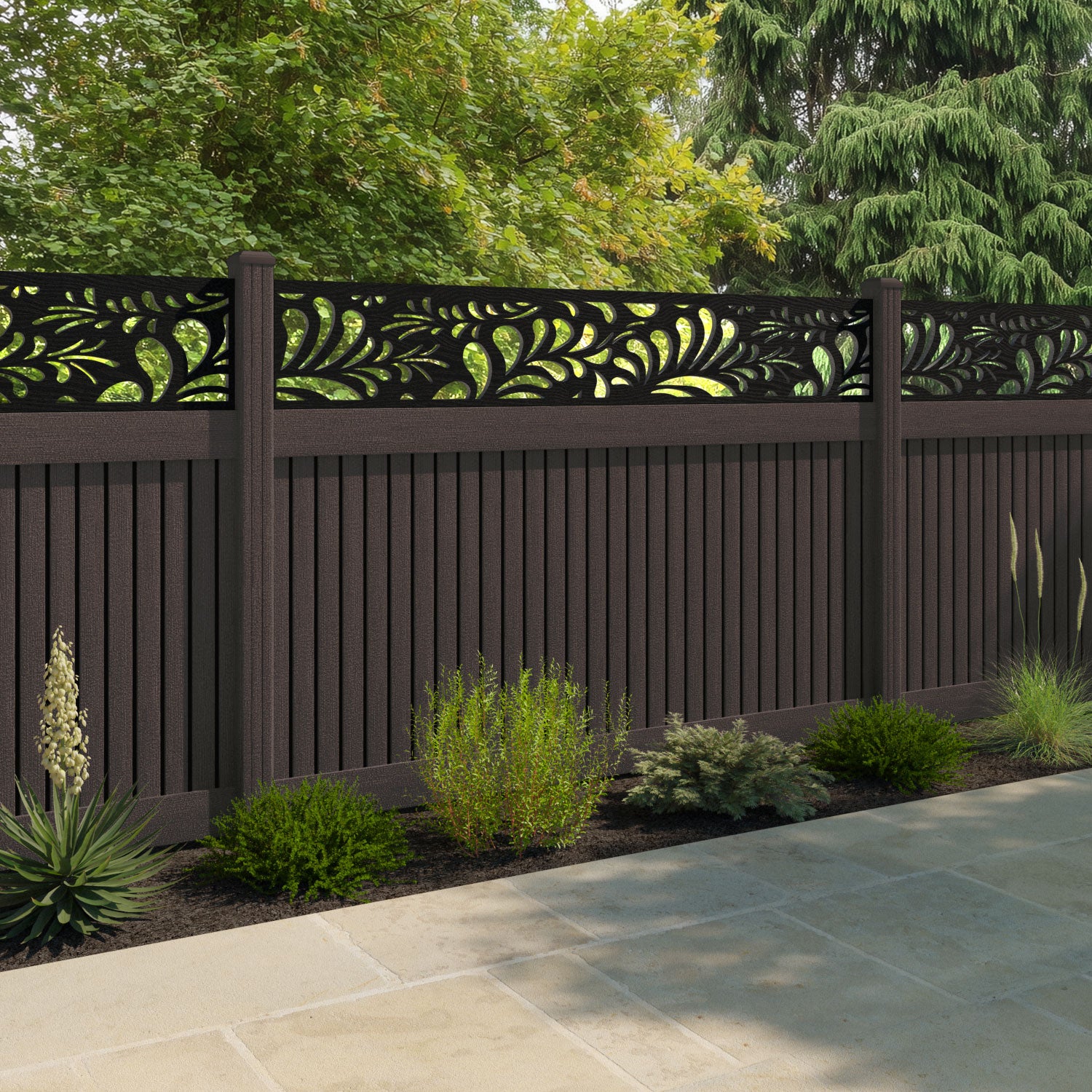 Virtis Petal Fence Panel - Mid Brown - with our composite posts