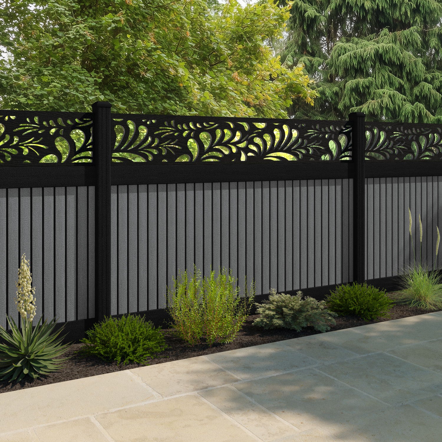 Virtis Petal Fence Panel - Mid Grey - with our composite posts