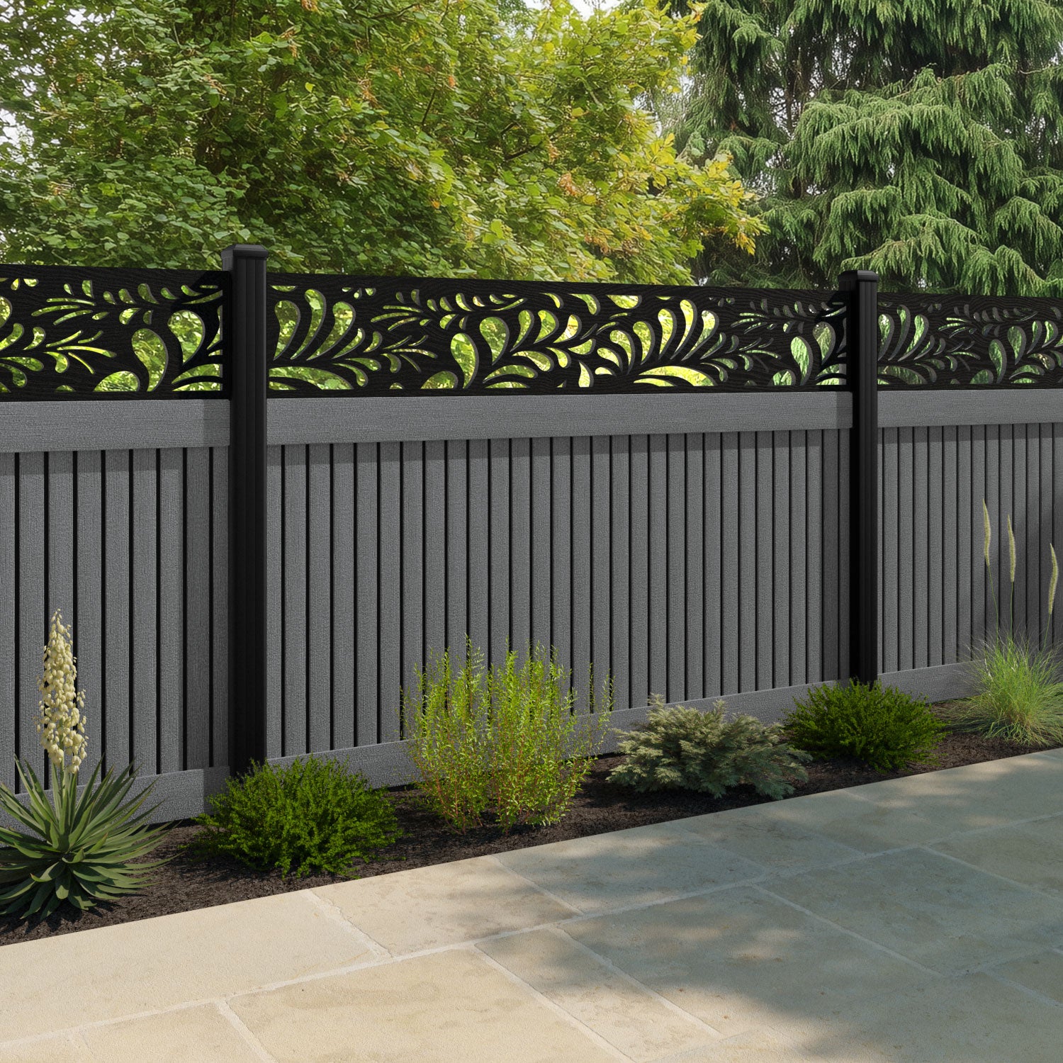 Virtis Petal Fence Panel - Mid Grey - with our composite posts