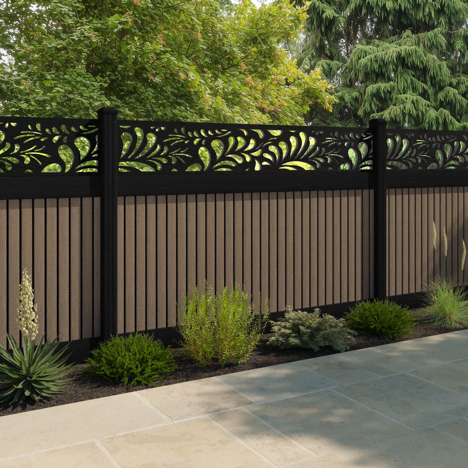 Virtis Petal Fence Panel - Teak - with our aluminium posts
