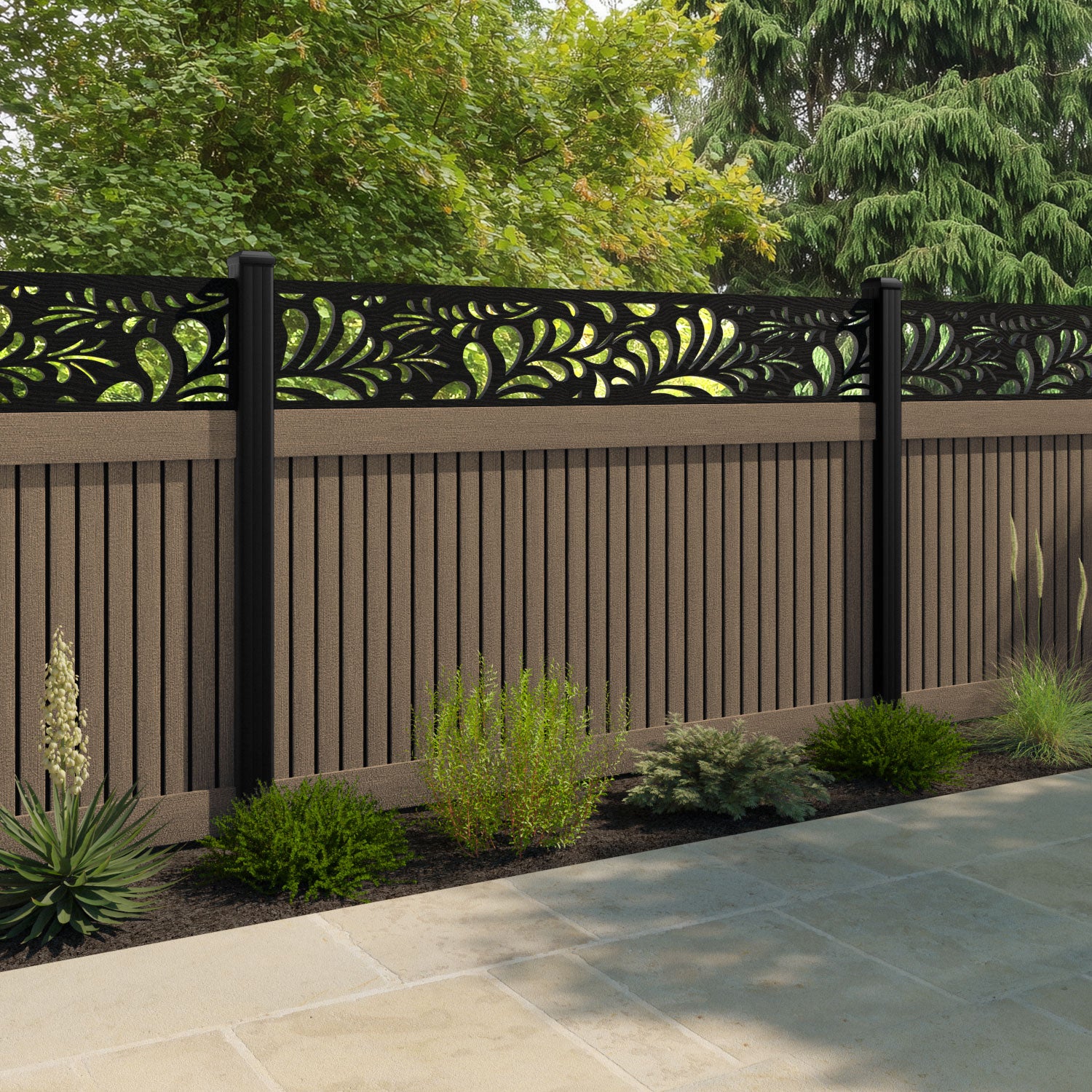 Virtis Petal Fence Panel - Teak - with our aluminium posts