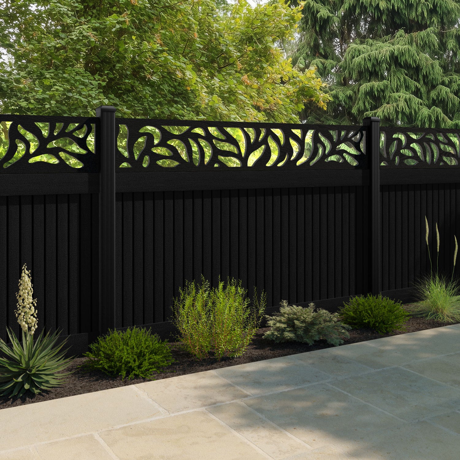 Virtis Plume Fence Panel - Black - with our aluminium posts