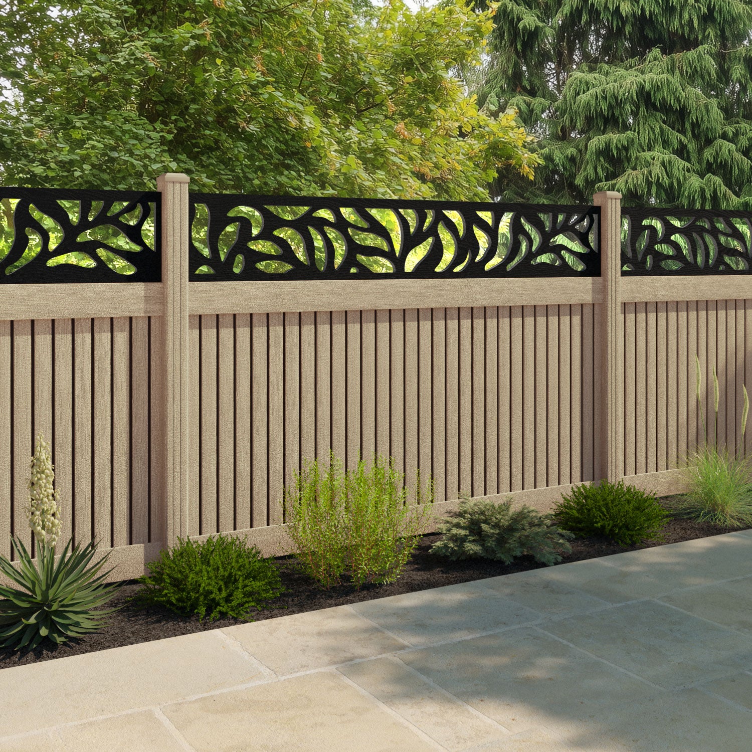 Virtis Plume Fence Panel - Light Oak - with our composite posts