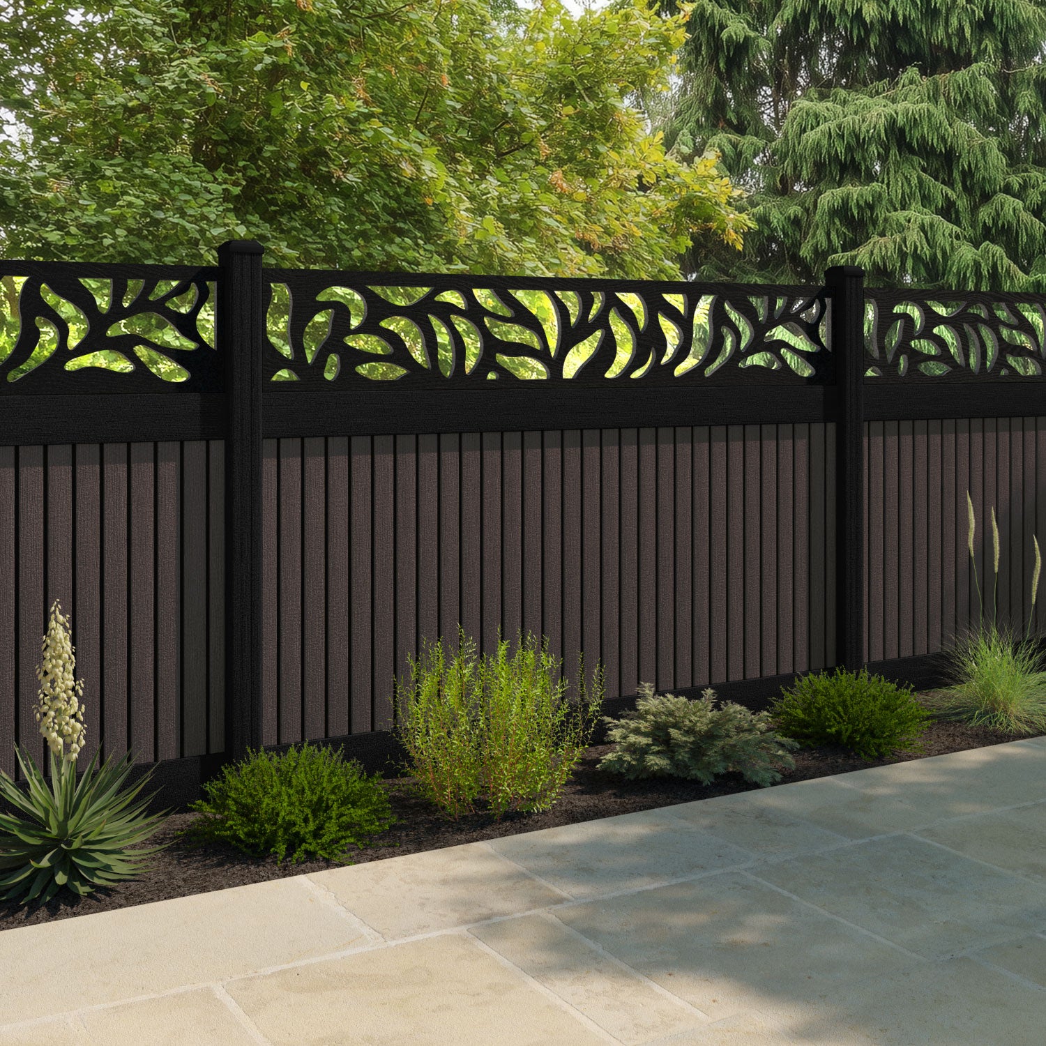 Virtis Plume Fence Panel - Mid Brown - with our aluminium posts