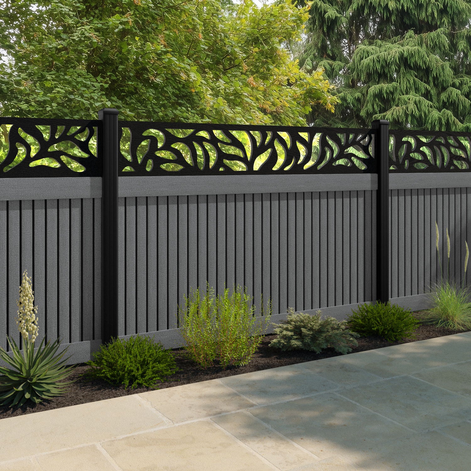 Virtis Plume Fence Panel - Mid Grey - with our aluminium posts