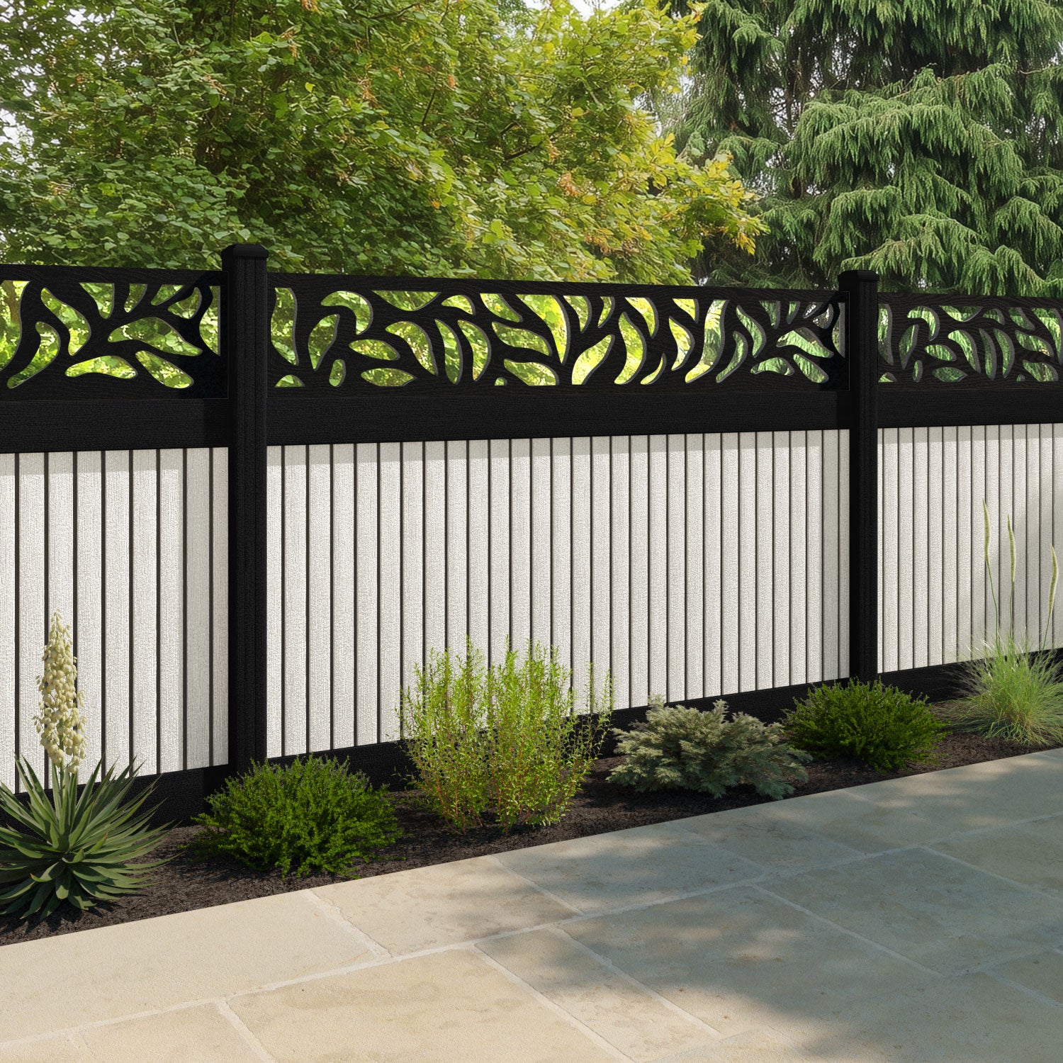 Virtis Plume Fence Panel - Light Stone - with our aluminium posts