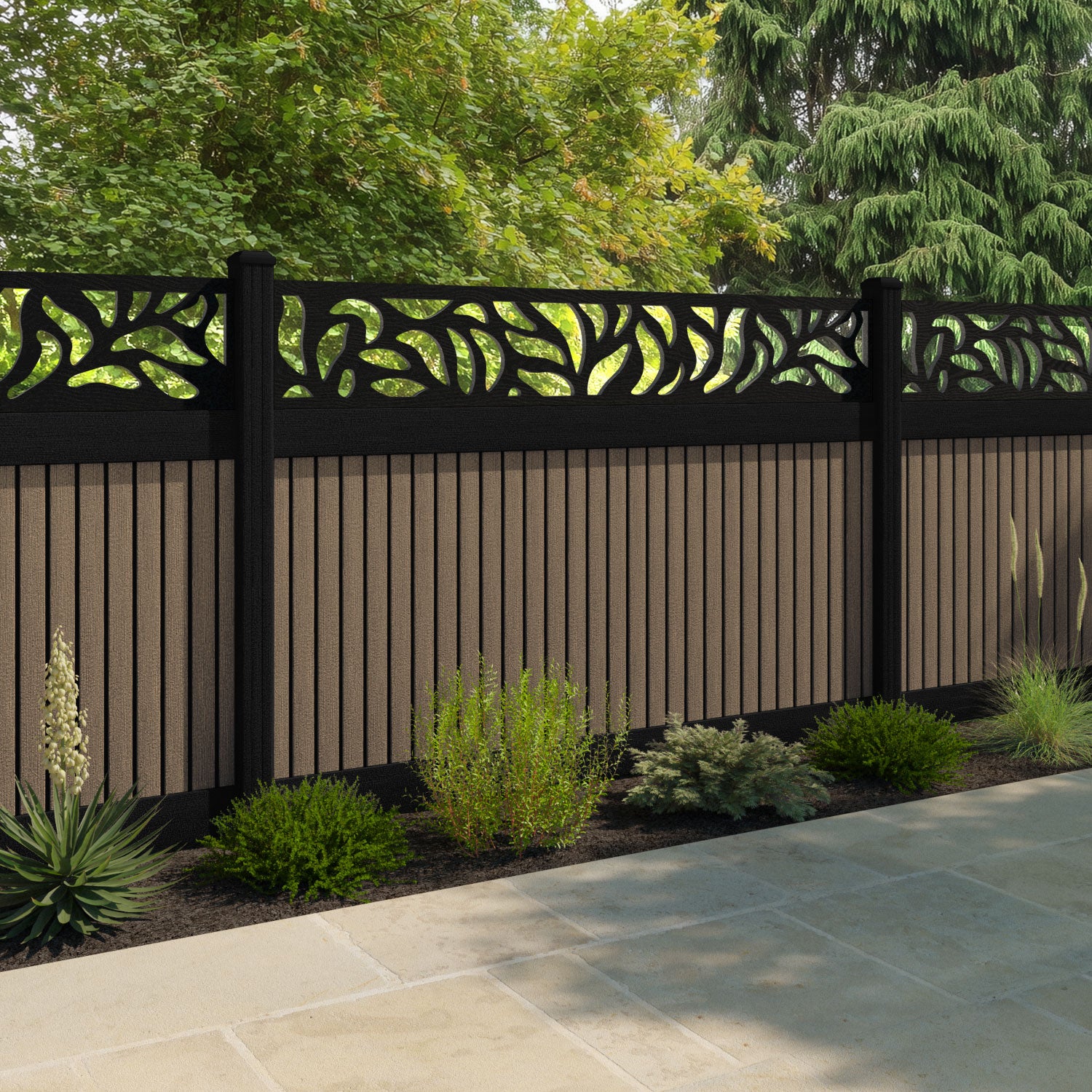 Virtis Plume Fence Panel - Teak - with our aluminium posts