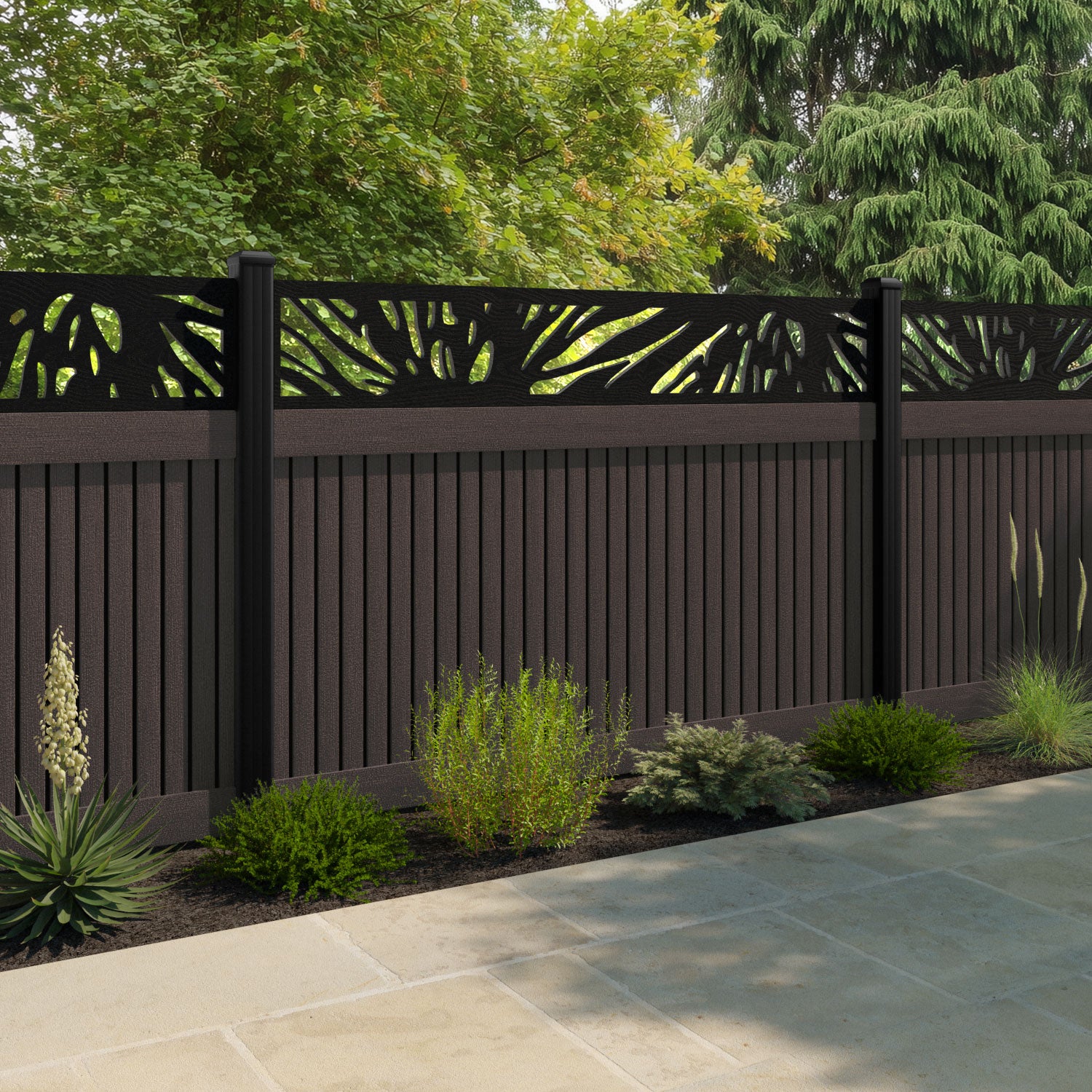 Virtis Poppy Fence Panel - Mid Brown - with our aluminium posts