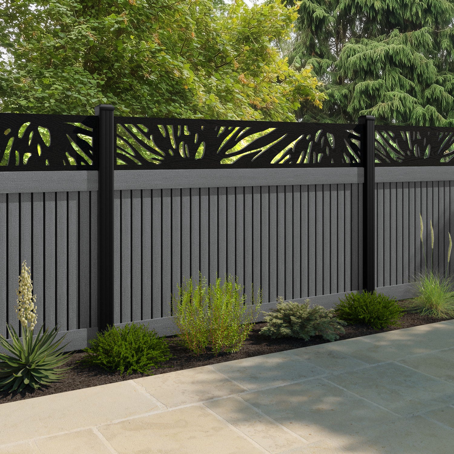 Virtis Poppy Fence Panel - Mid Grey - with our aluminium posts