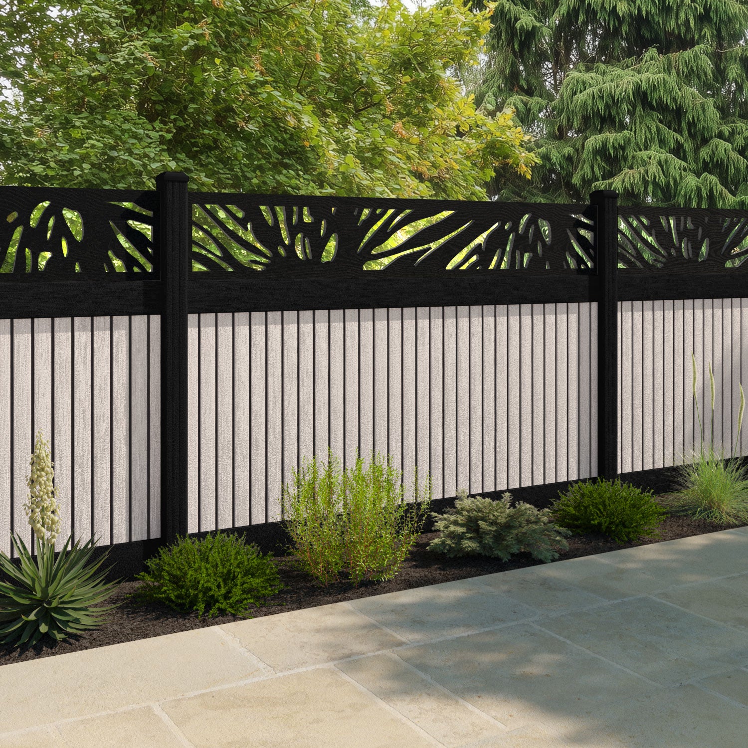 Virtis Poppy Fence Panel - Mid Stone - with our aluminium posts