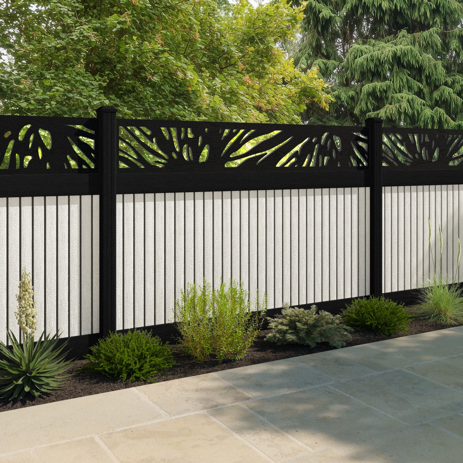 Virtis Poppy Fence Panel - Light Stone - with our aluminium posts