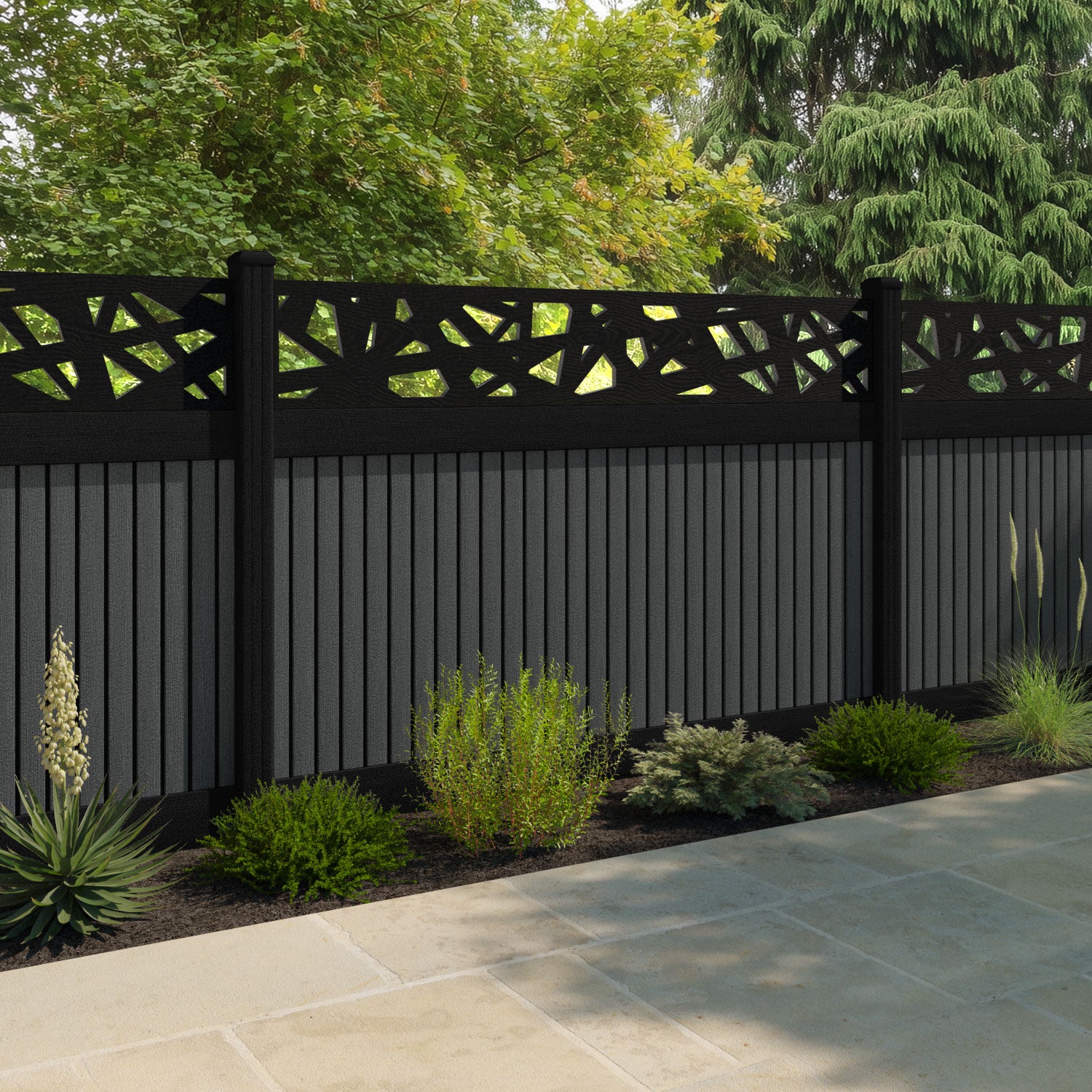 Virtis Prism Fence Panel - Dark Grey - with our aluminium posts
