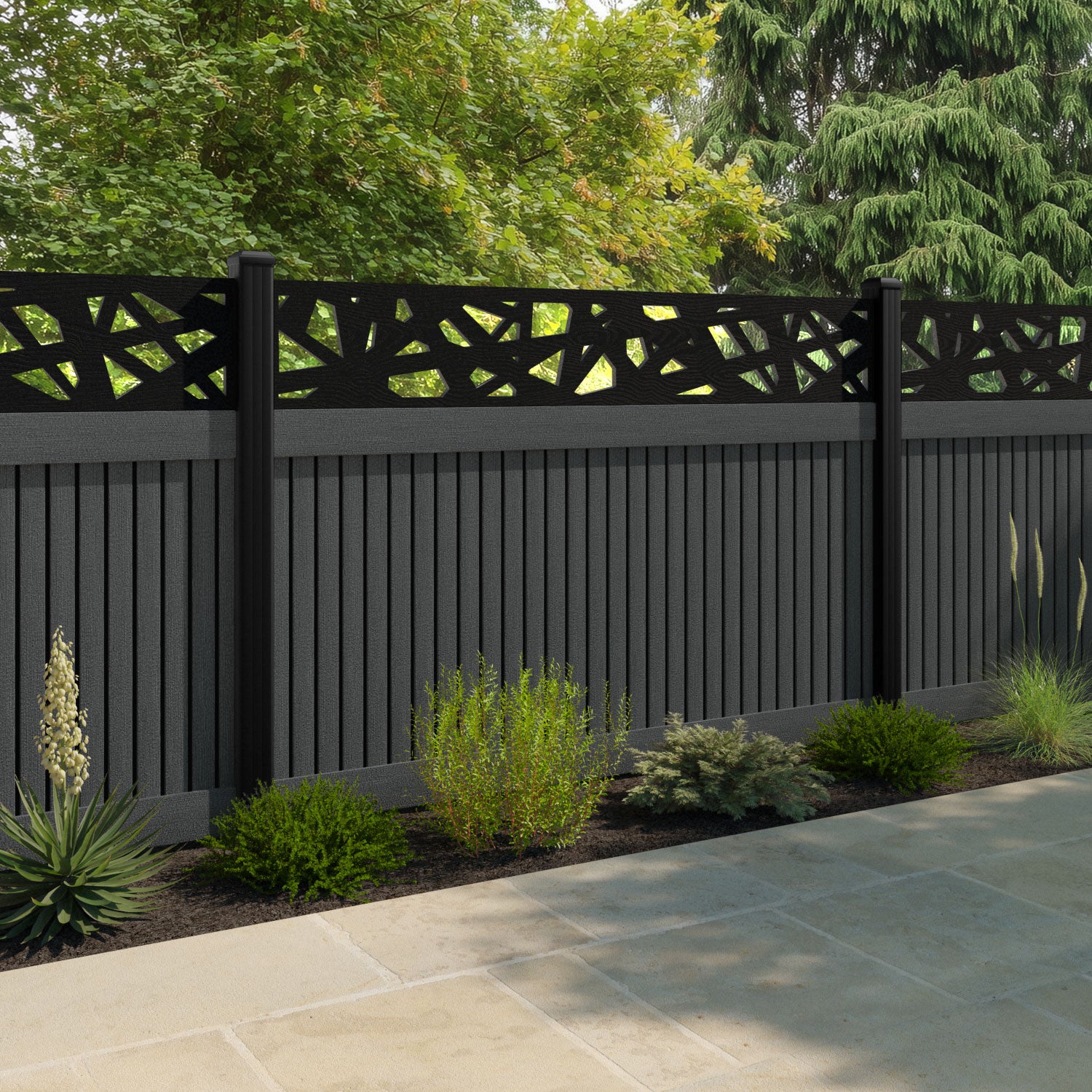 Virtis Prism Fence Panel - Dark Grey - with our aluminium posts